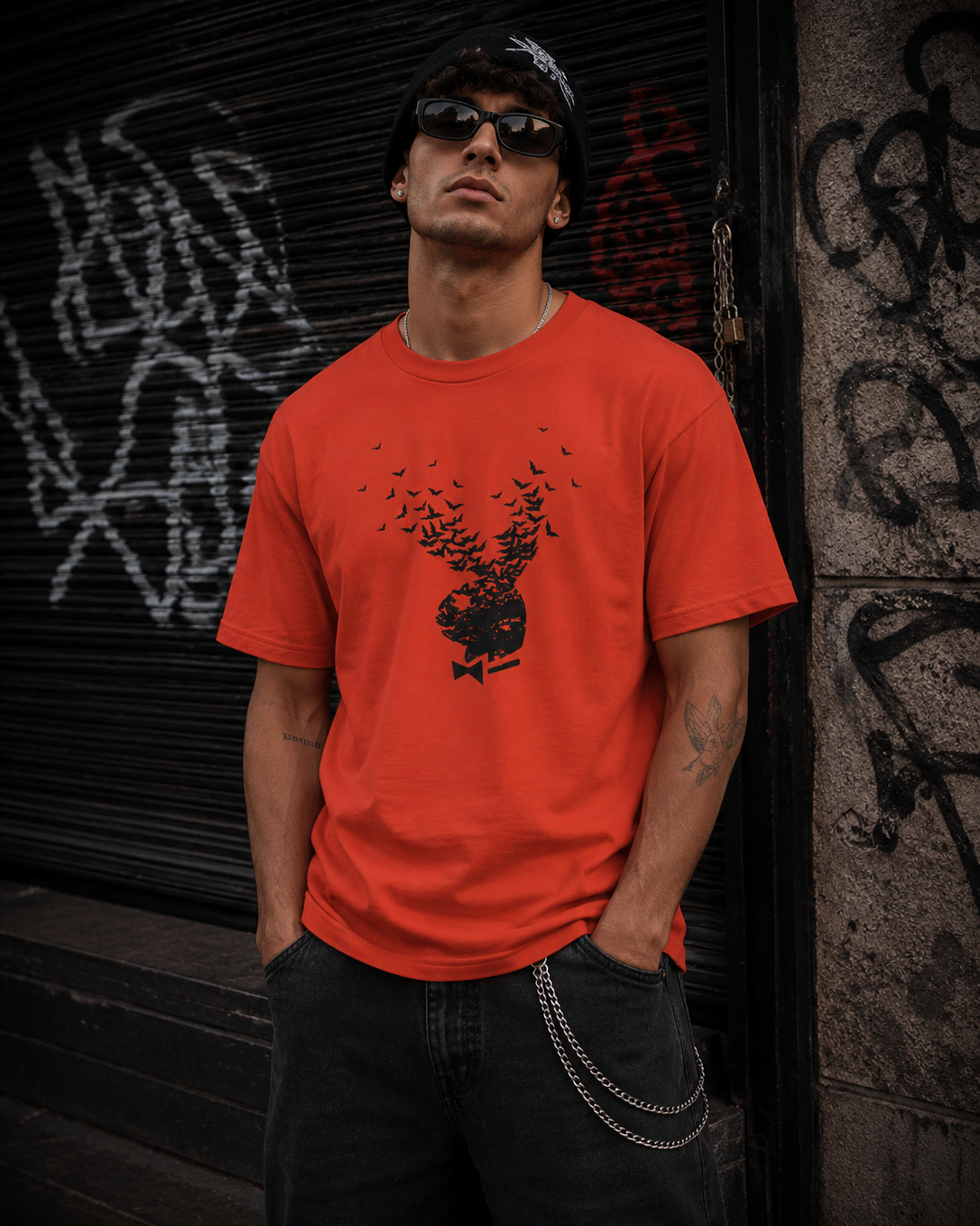 A man wearing a bright orange crewneck t-shirt with a black graphic of a stag and birds, styled with black jeans, sunglasses, and a beanie, standing in front of a graffiti-covered metal shutter. #Streetwearmen