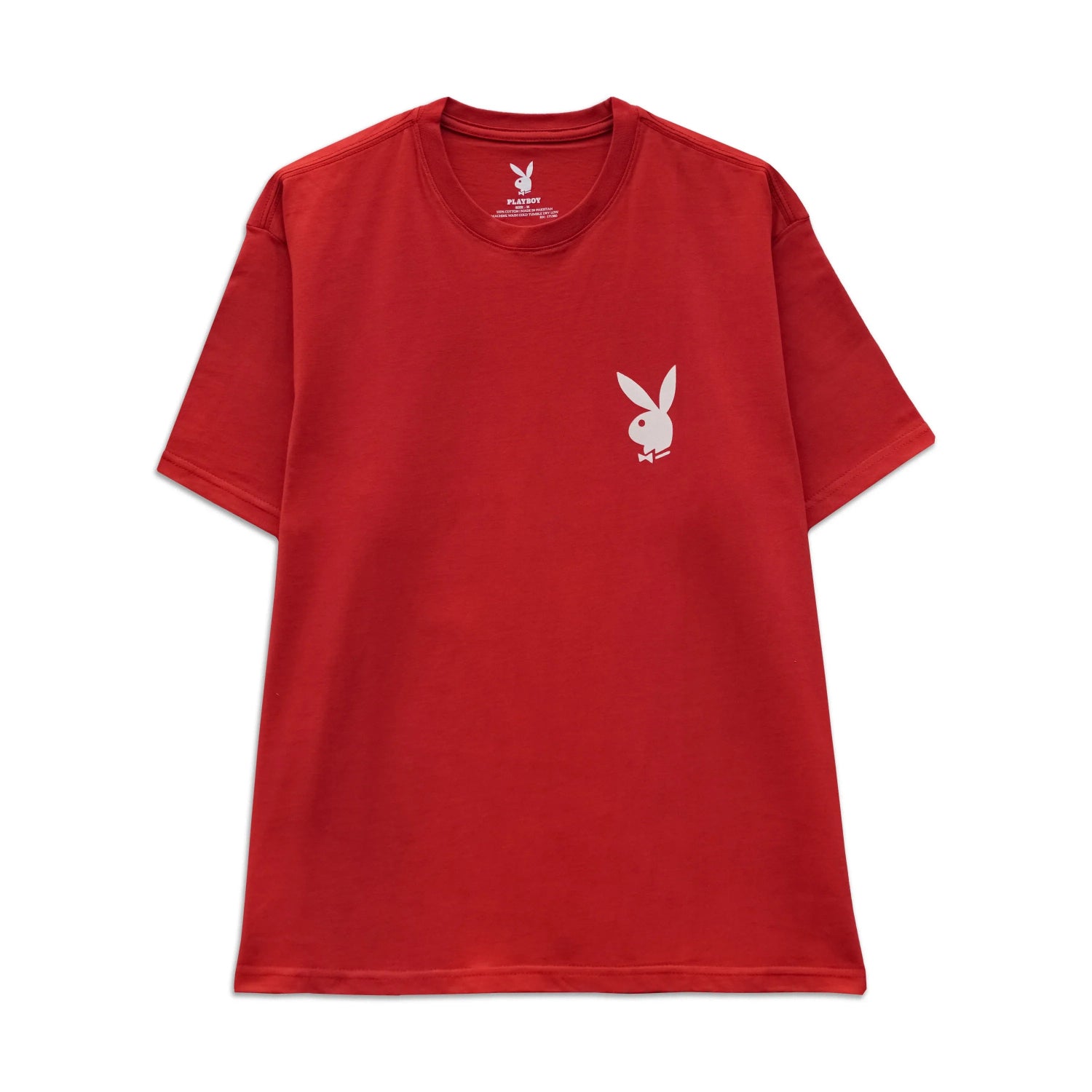 Red short-sleeve t-shirt with white bunny logo graphic on chest, flat lay on white background.