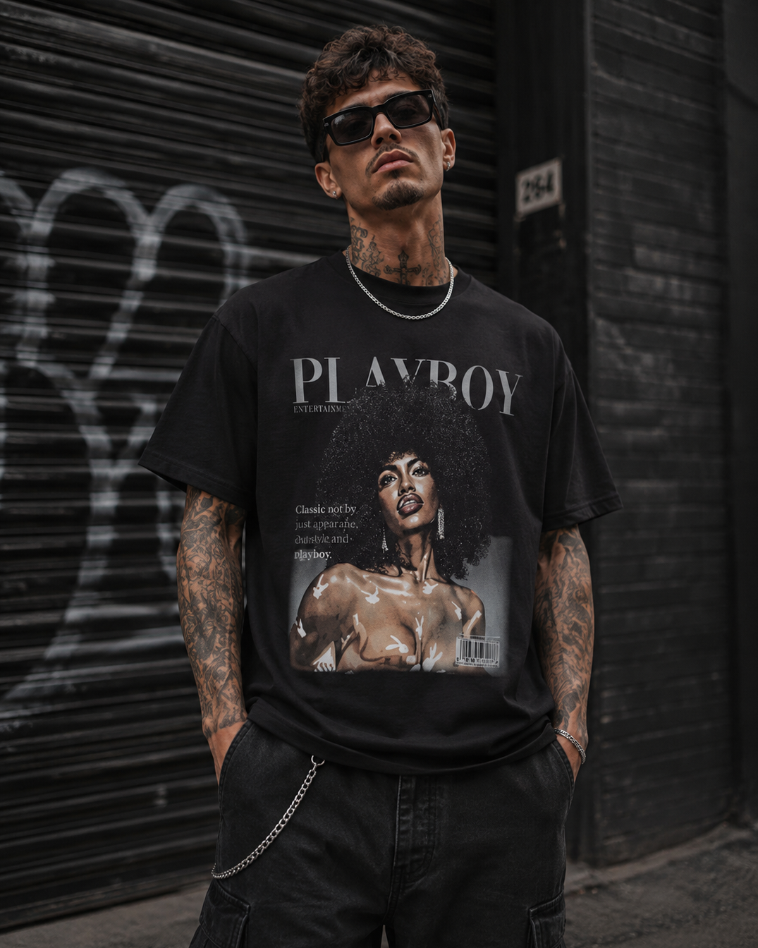 A man wearing a black graphic t-shirt with a vintage-style Playboy magazine cover print, standing in front of a dark metal shutter door. #Streetwearmen