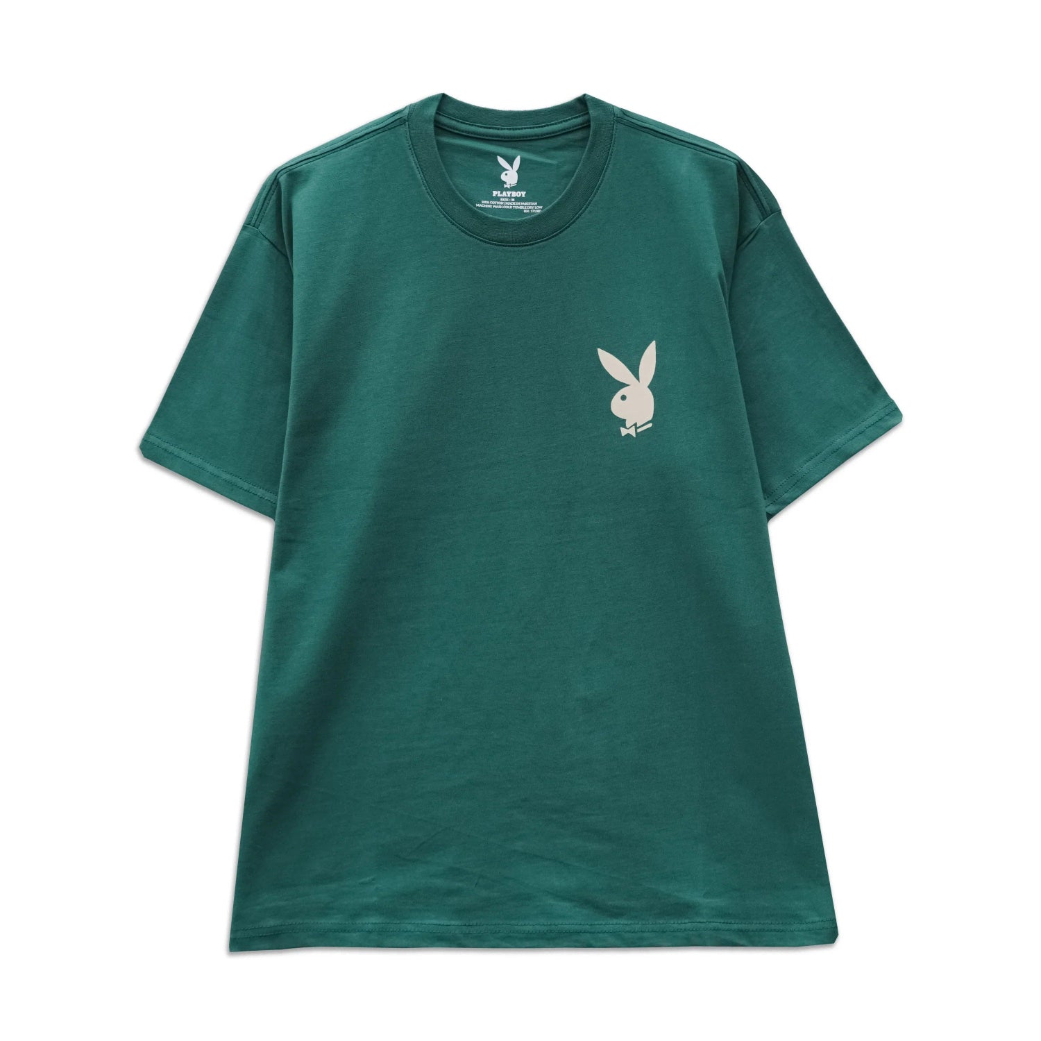Green unisex t-shirt with white bunny graphic on chest, short sleeves, crew neck