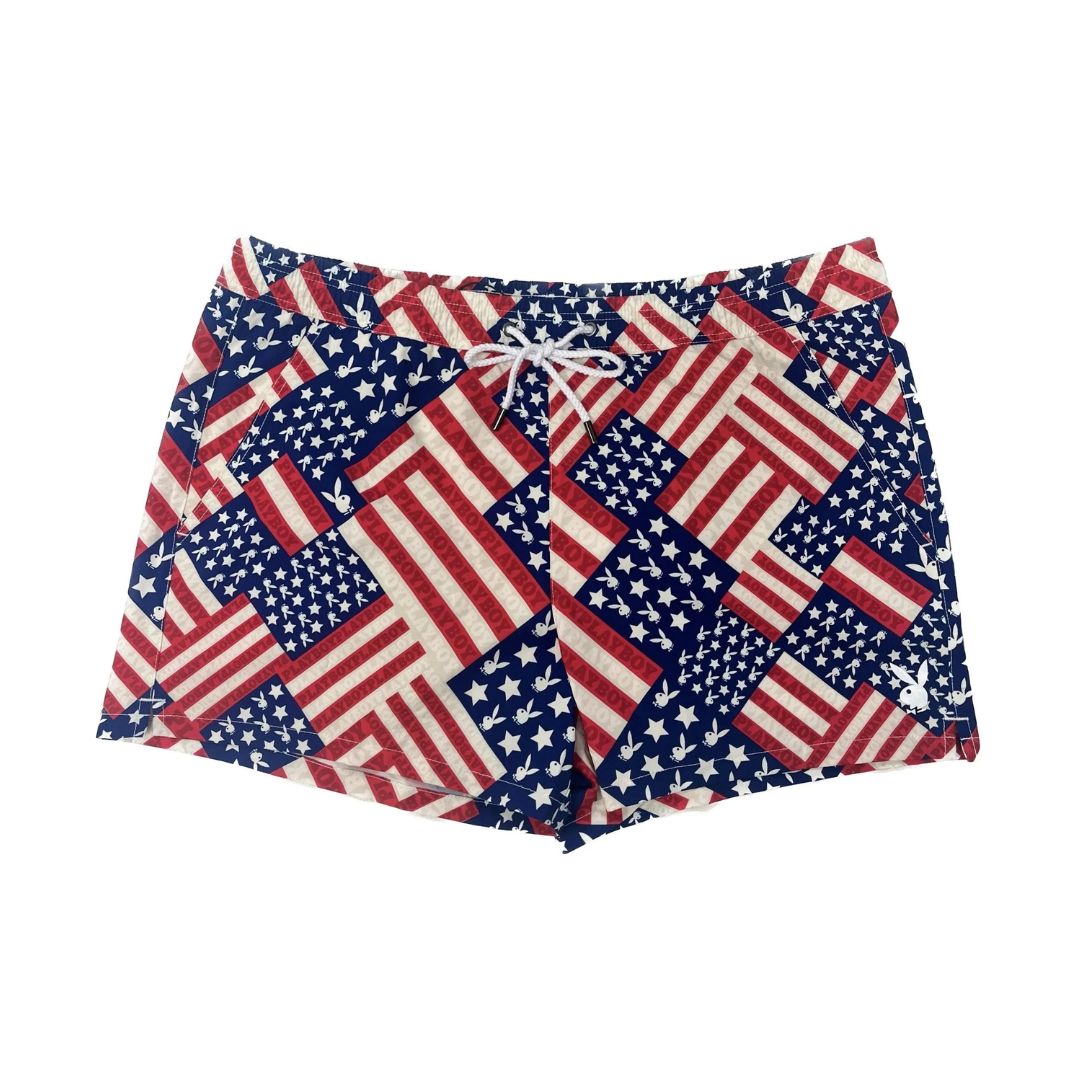 Shorts with American flag pattern on a white background
