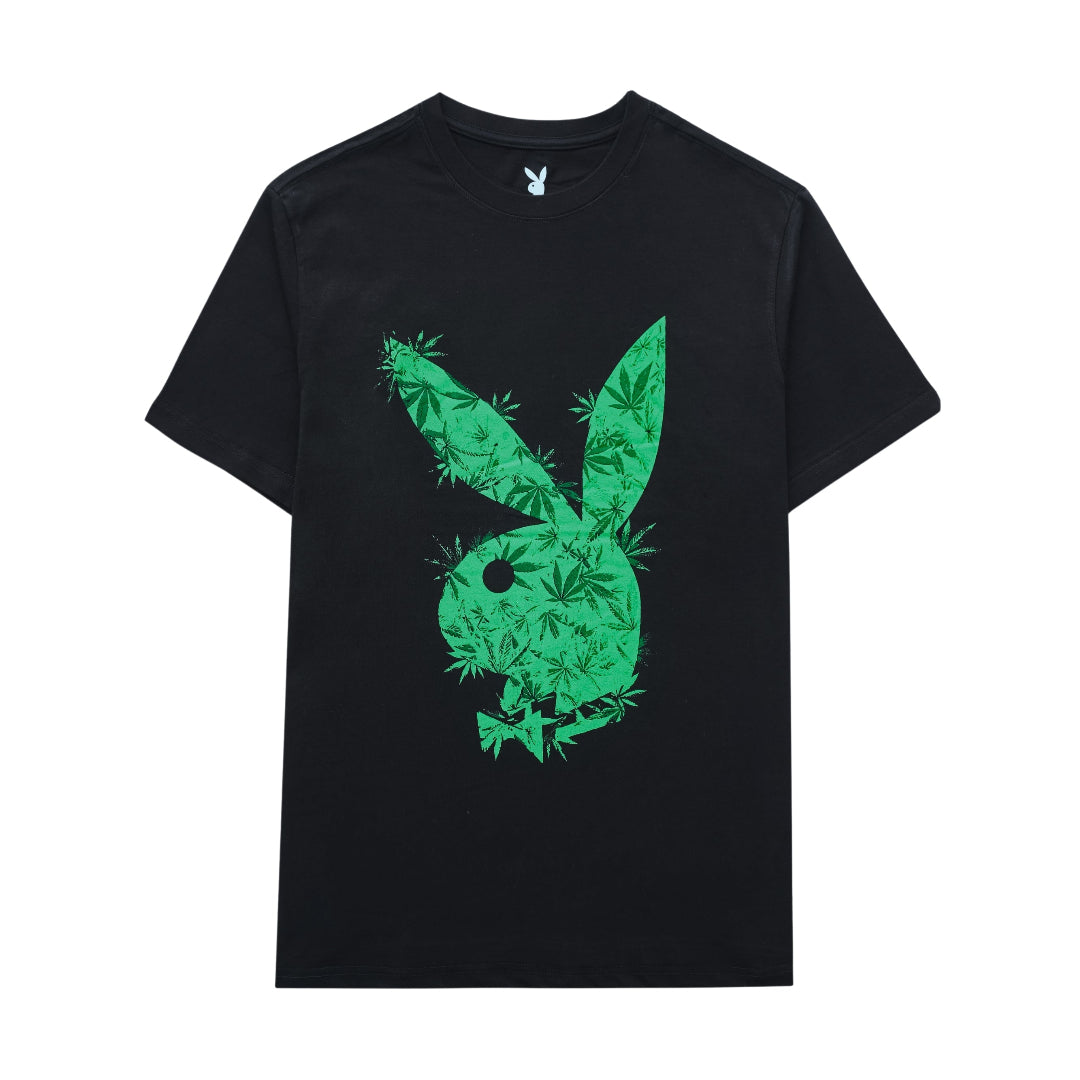 Black t-shirt with green cannabis leaf design on a white background