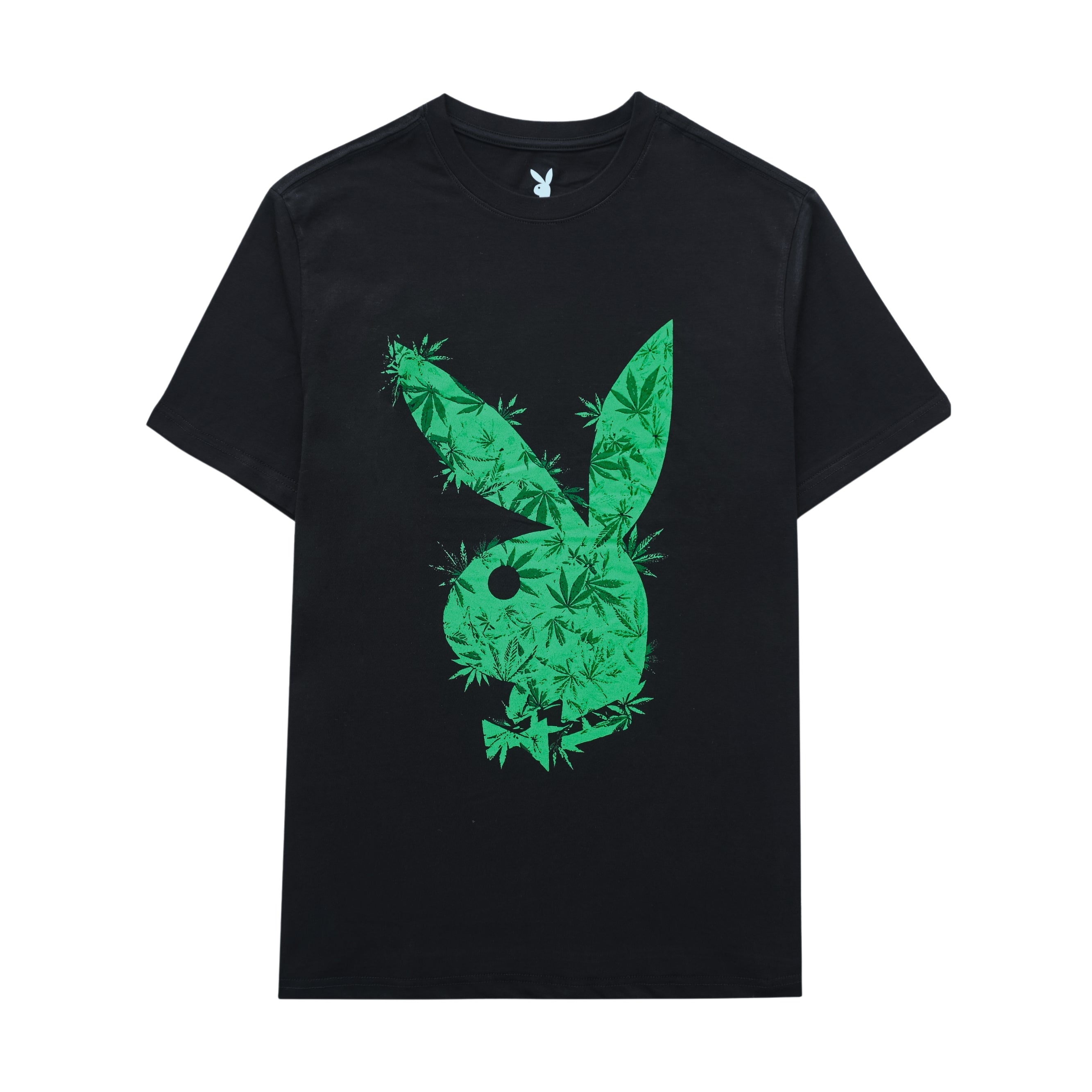 Black t-shirt with green cannabis leaf design on a white background