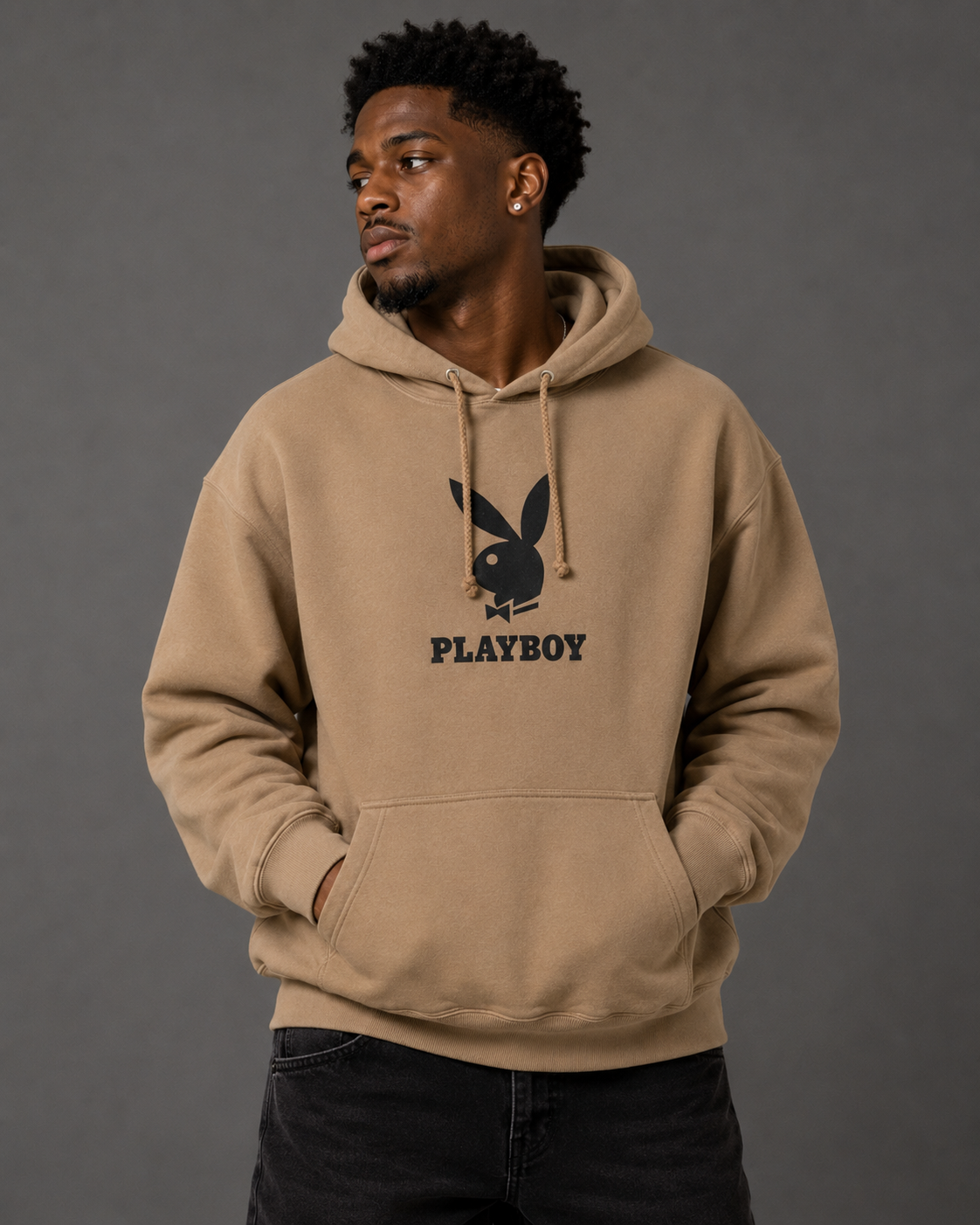 A man wearing a tan pullover hoodie with a black Playboy bunny logo and the word 'PLAYBOY' printed on the chest, posed against a solid dark gray studio background.