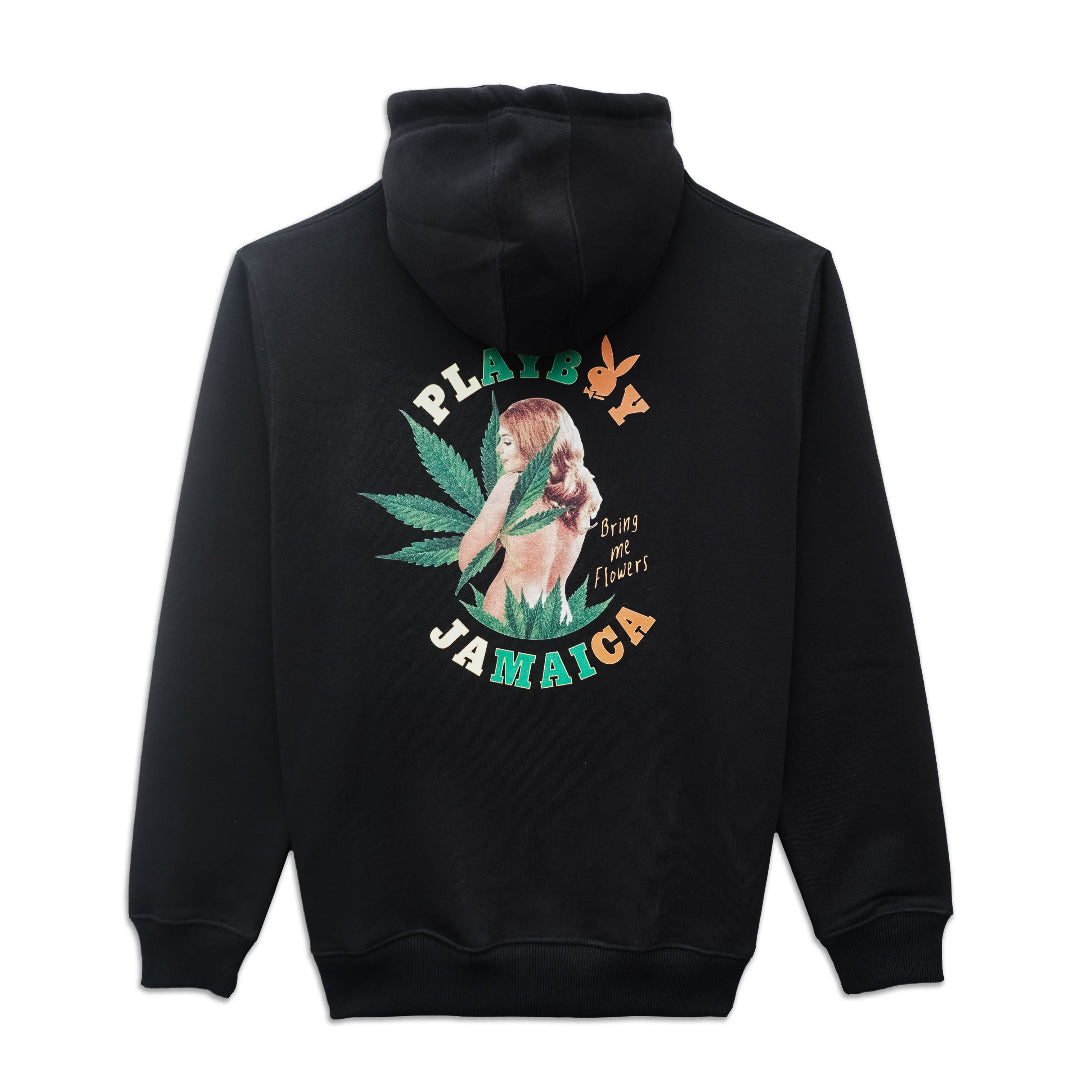 Black hoodie with a colorful graphic on the back featuring text and a bear holding flowers.