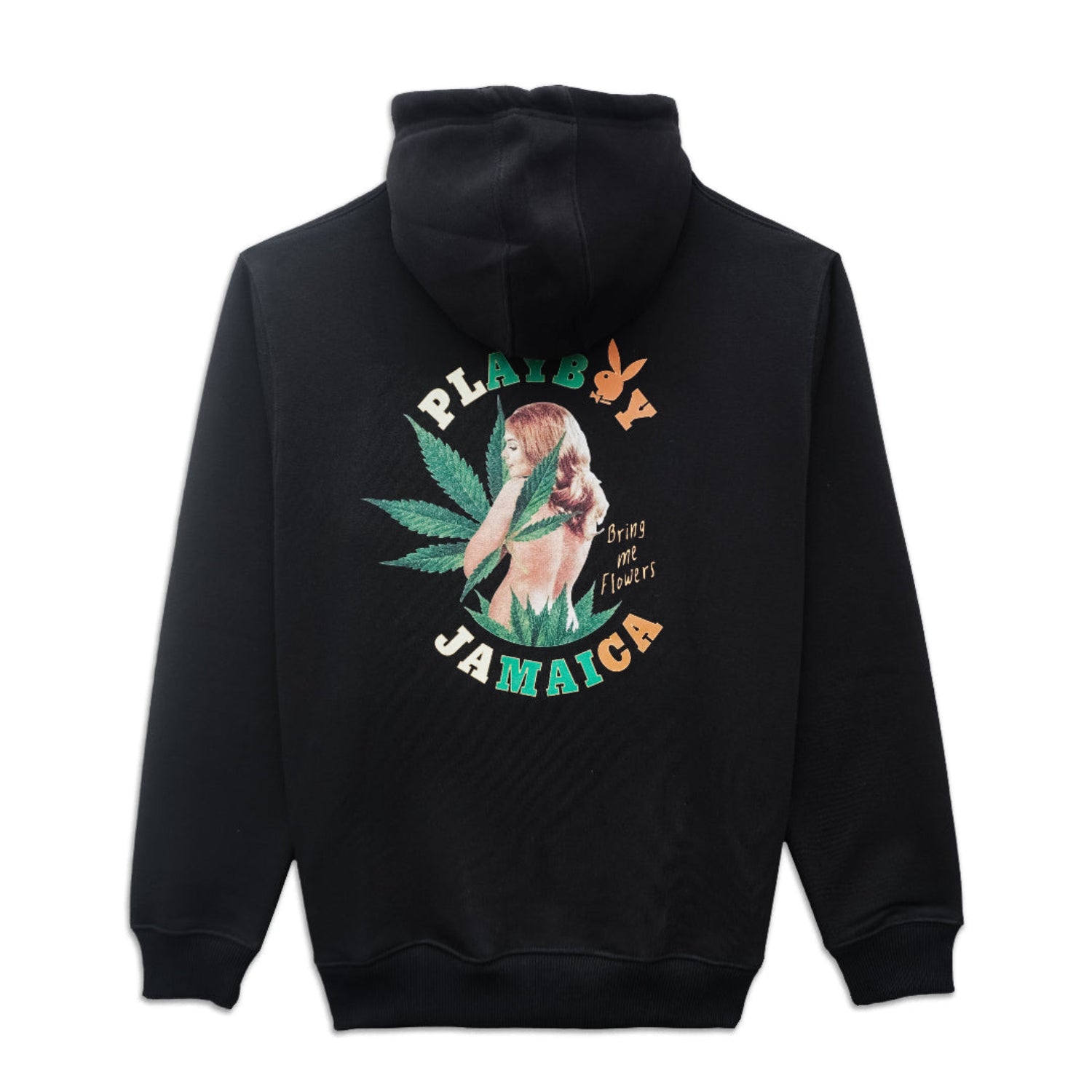 Black hoodie with a colorful graphic on the back featuring text and a bear holding flowers.