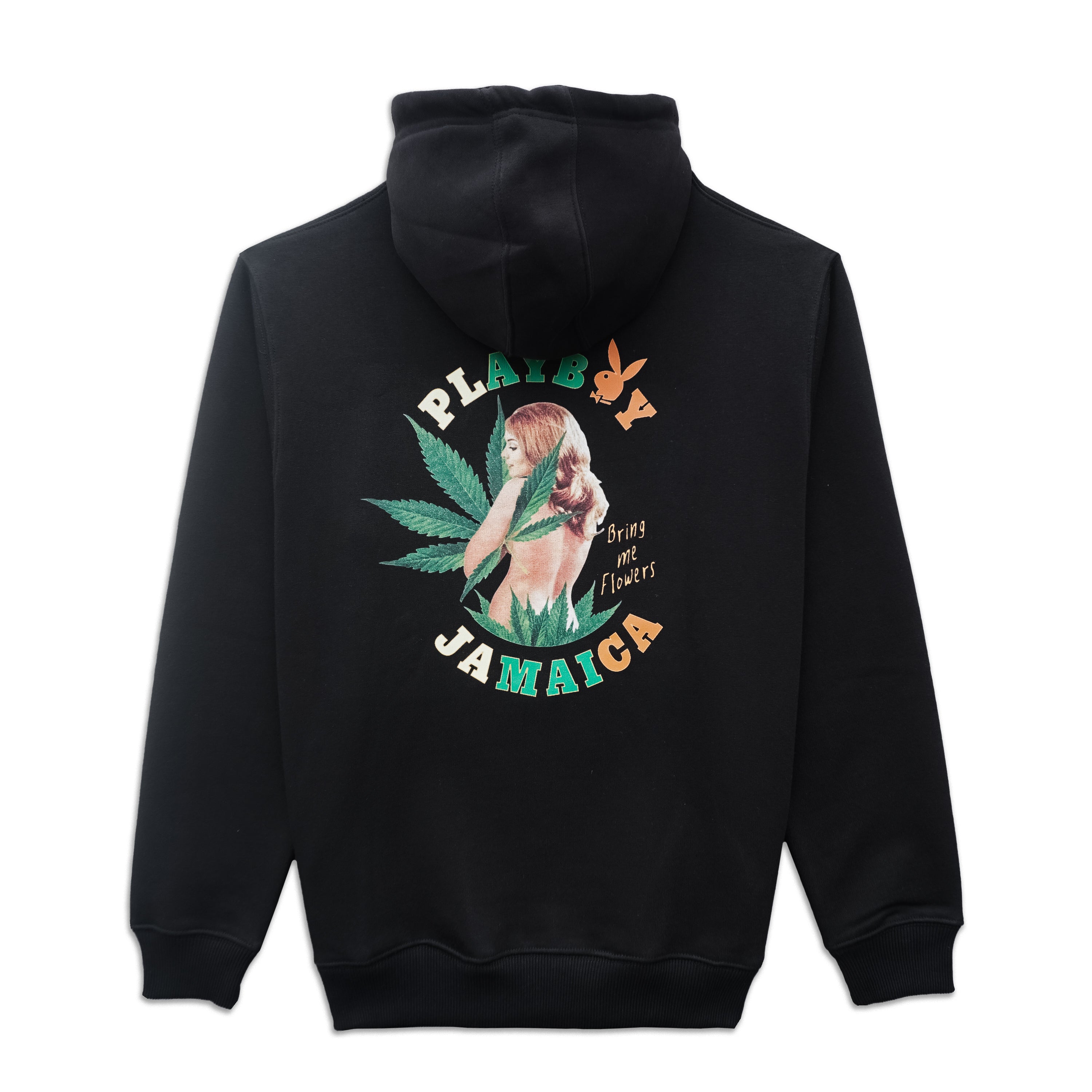 Black hoodie with a colorful graphic on the back featuring text and a bear holding flowers.