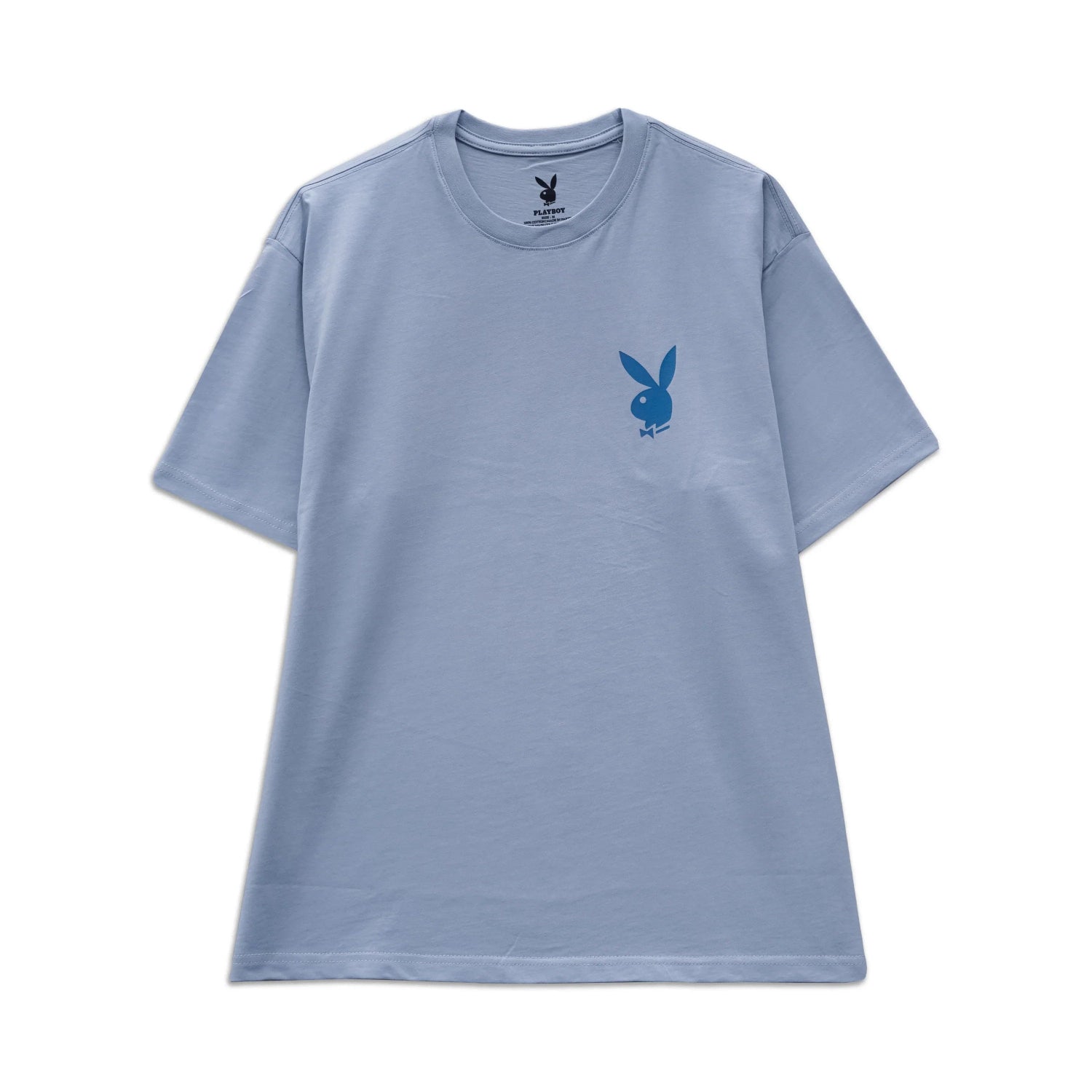 Light blue short sleeve t-shirt with blue bunny logo on chest, men's casual fashion.
