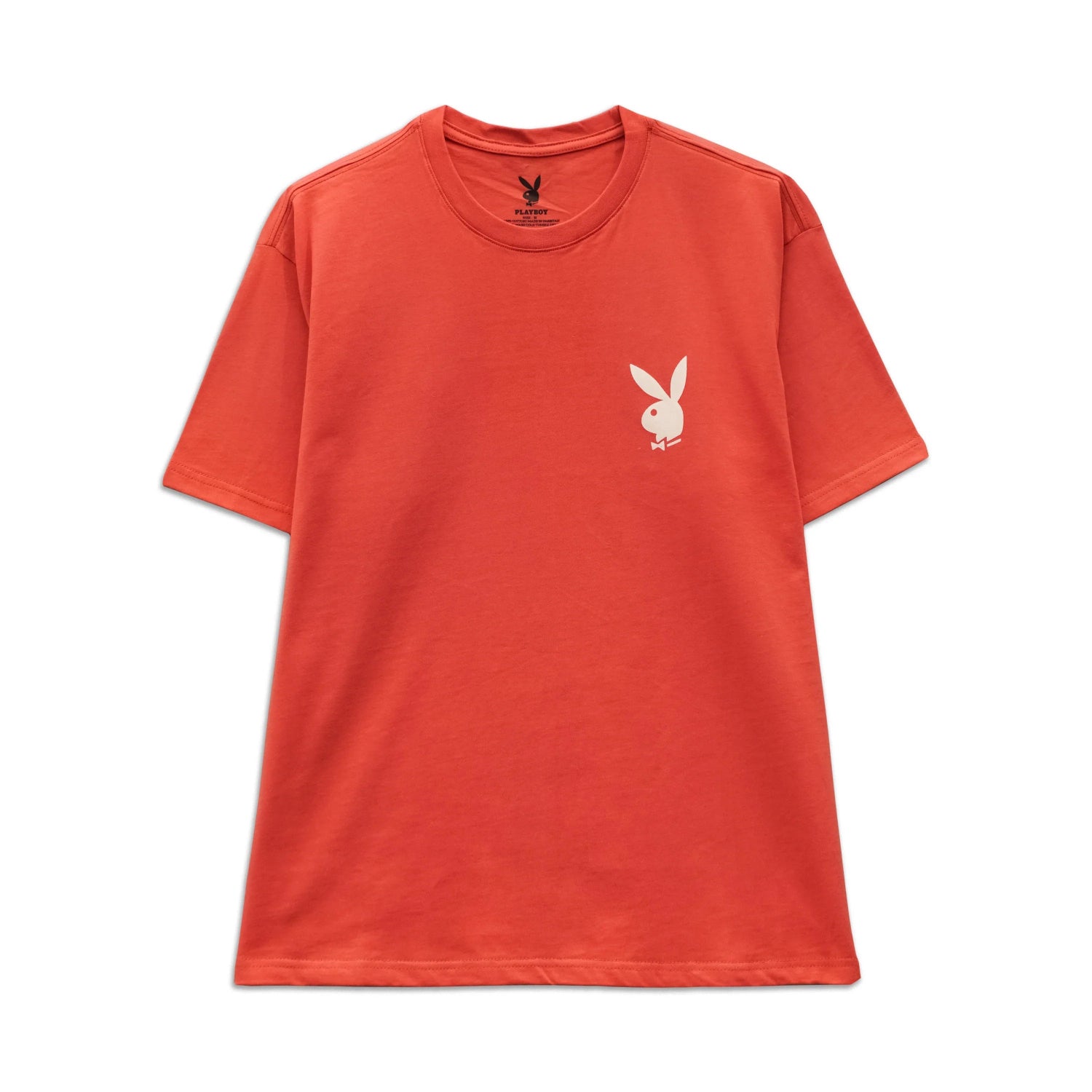 Orange short sleeve t-shirt with white bunny logo graphic on chest, unisex casual apparel