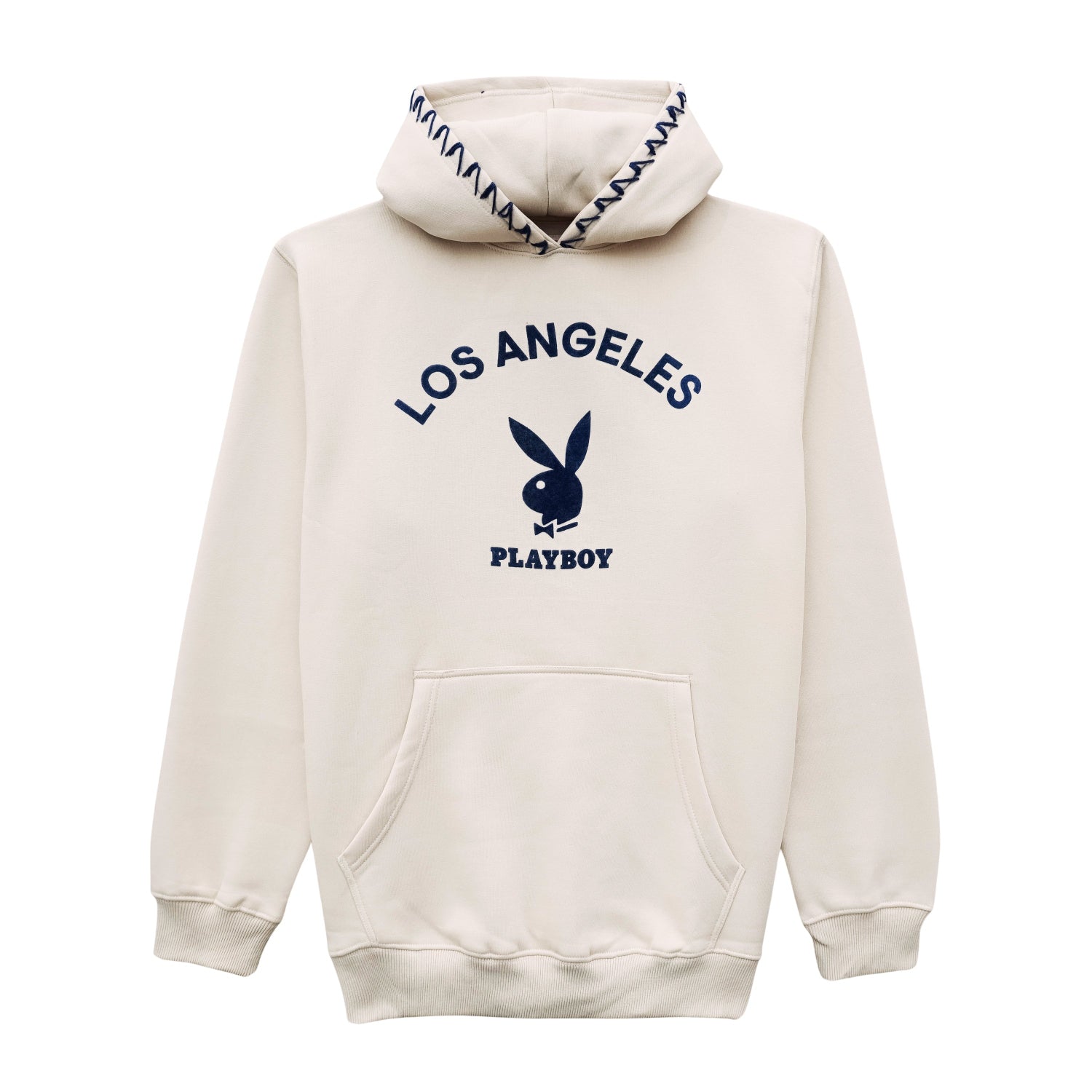 White hoodie with 'Los Angeles Playboy' text and logo on a white background