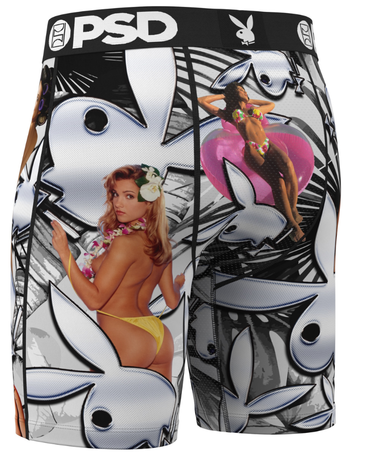 Playboy branded men's underwear with graphic design on a white background