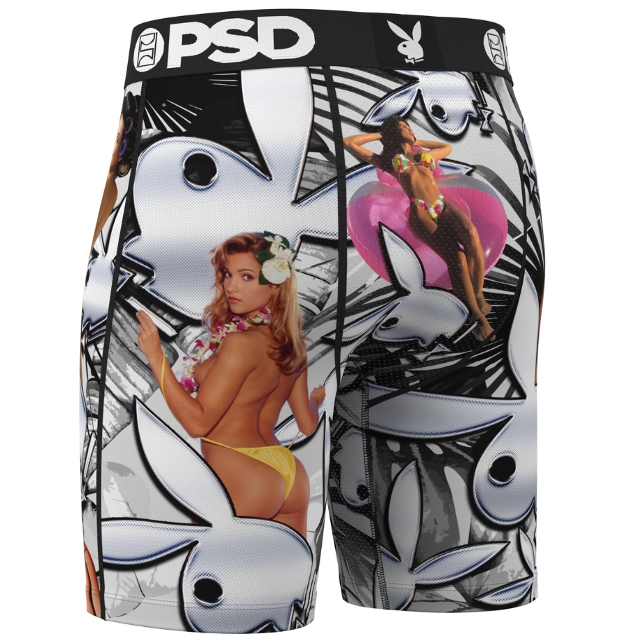 Playboy branded men's underwear with graphic design on a white background