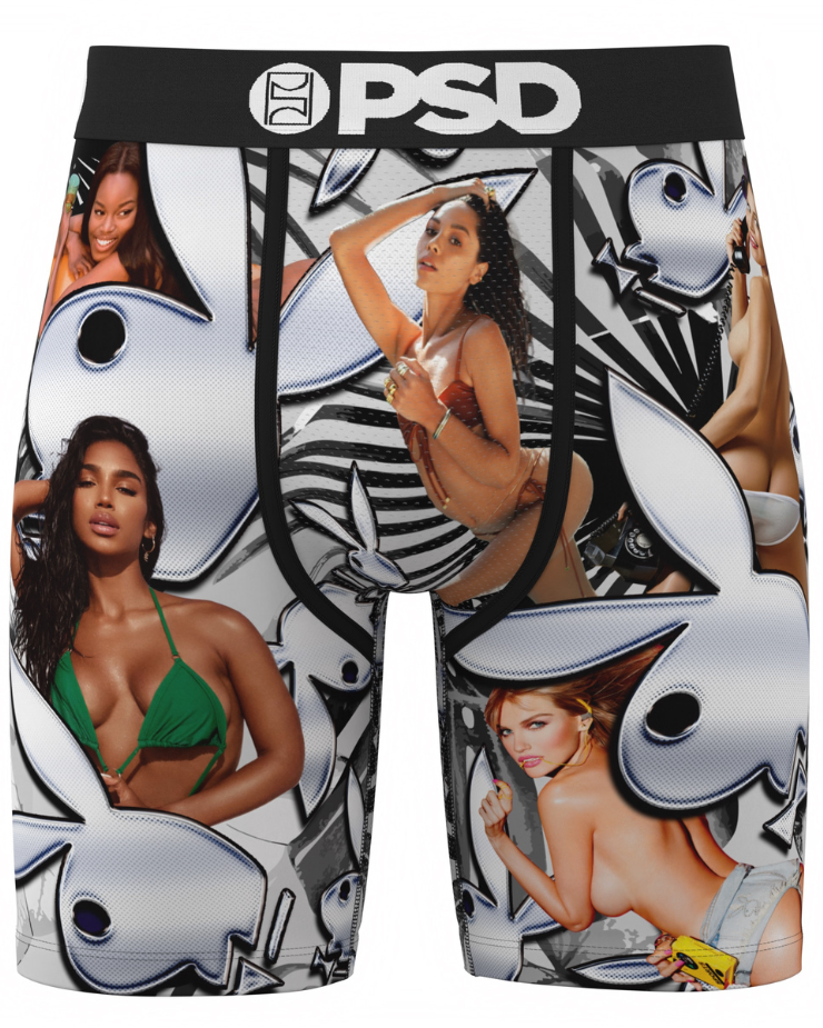 Shorts with graphic design featuring women in various poses and a brand logo.
