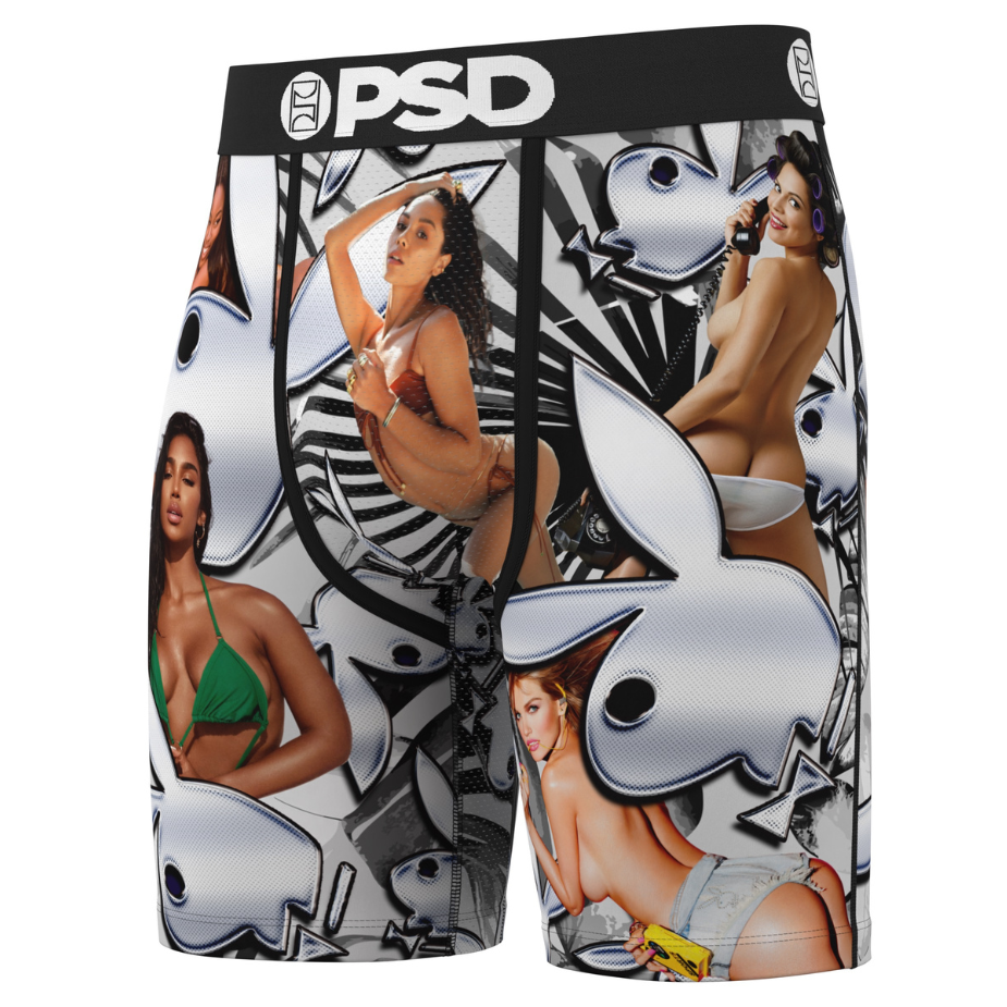Boxer briefs with graphic design featuring women in various poses and a prominent bunny logo on a white background.
