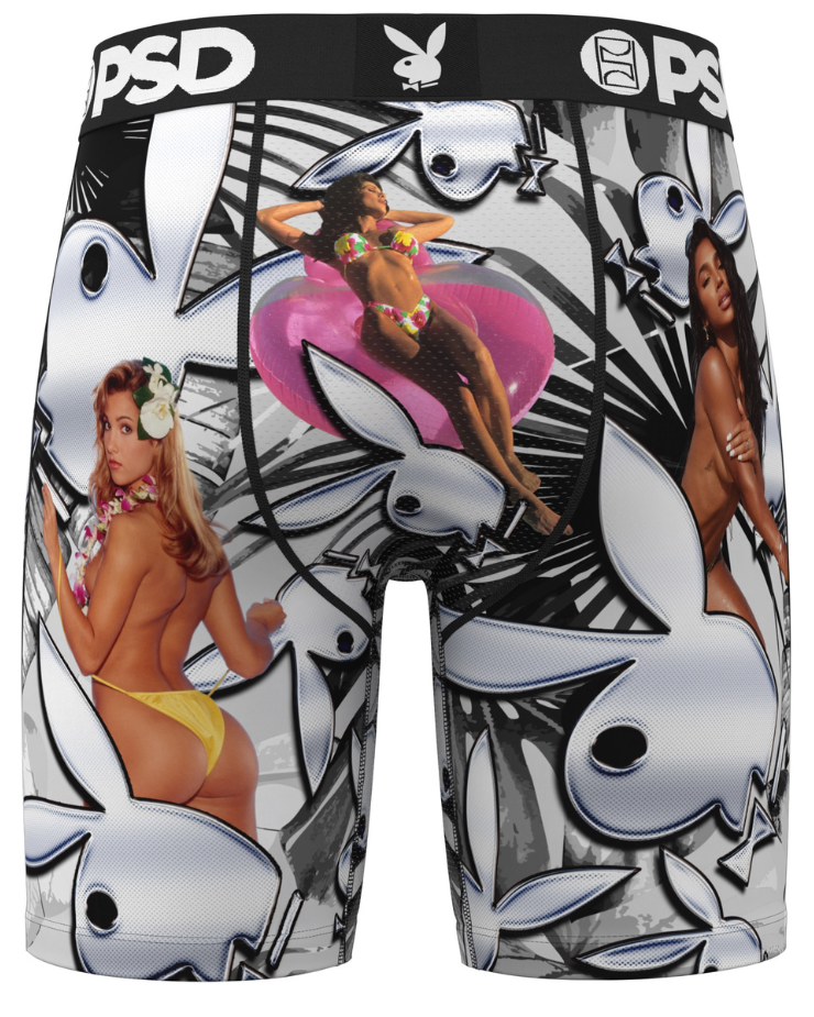Playboy branded boxer briefs with graphic design and model images on a white background