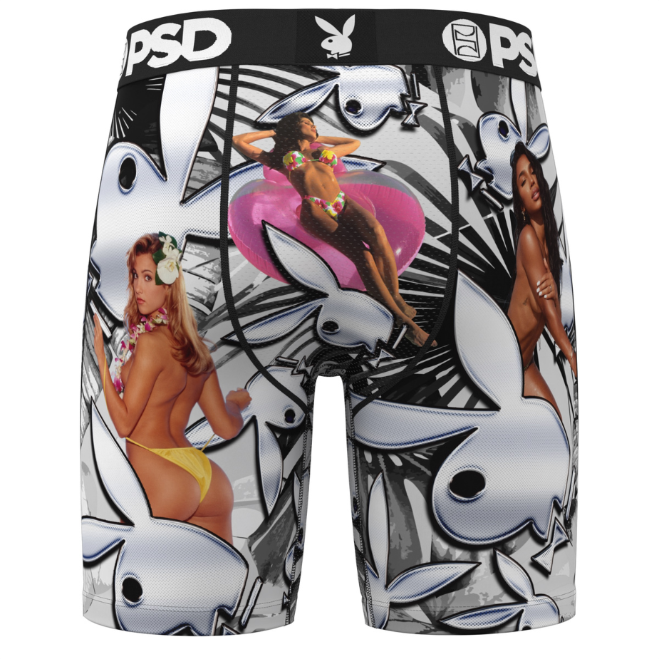 Playboy branded boxer briefs with graphic design and model images on a white background