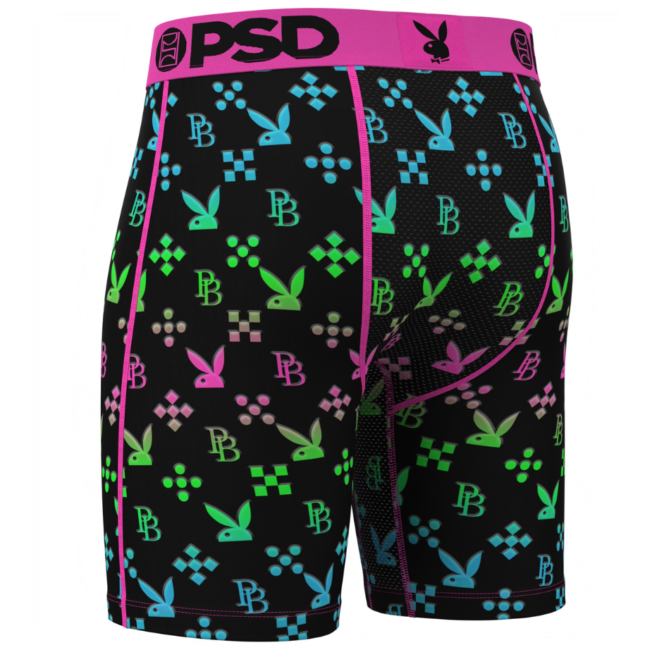 Black boxer briefs with colorful pattern and pink waistband on a white background