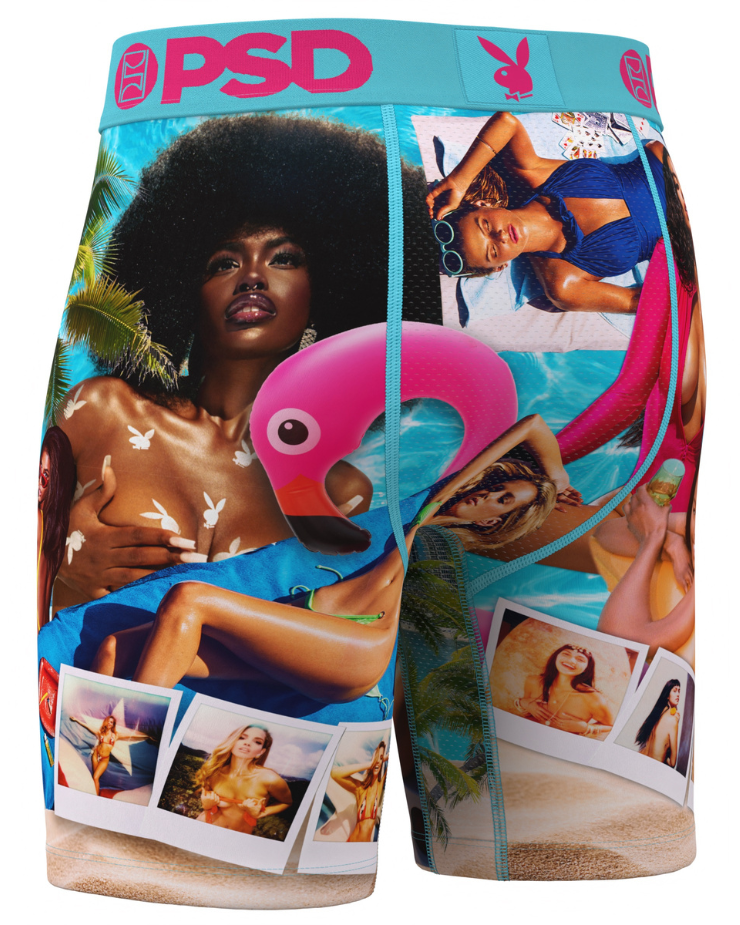 Multicolored boxer briefs with a tropical design featuring people and a flamingo.