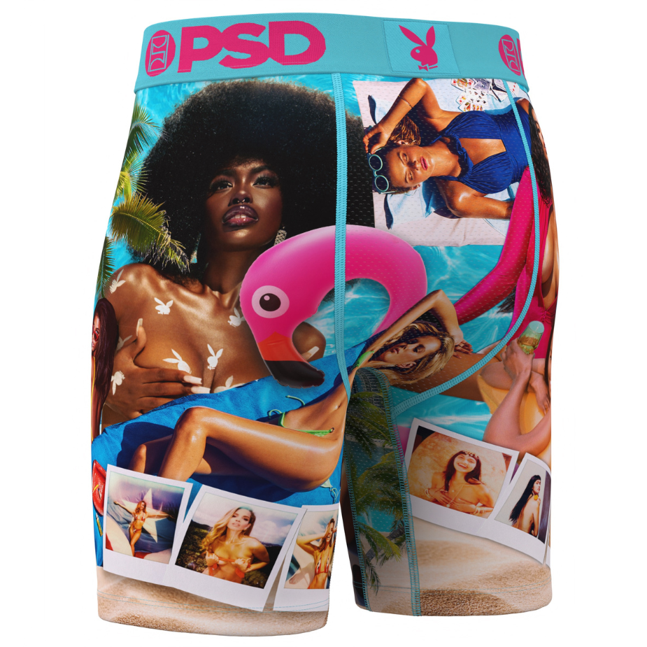 Multicolored boxer briefs with a tropical design featuring people and a flamingo.