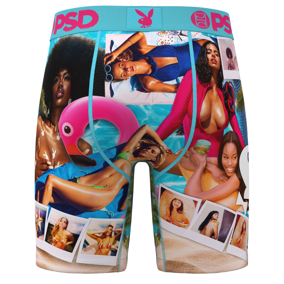 Boxer briefs with a colorful design featuring women and a flamingo, branded with 'PSD'.