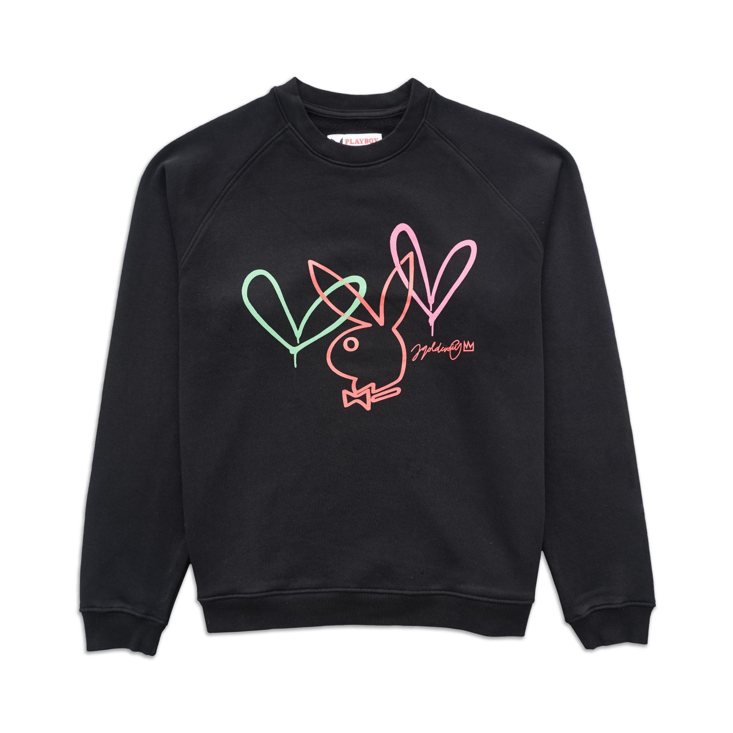 Black crewneck sweatshirt with neon heart and bunny line art graphic on front