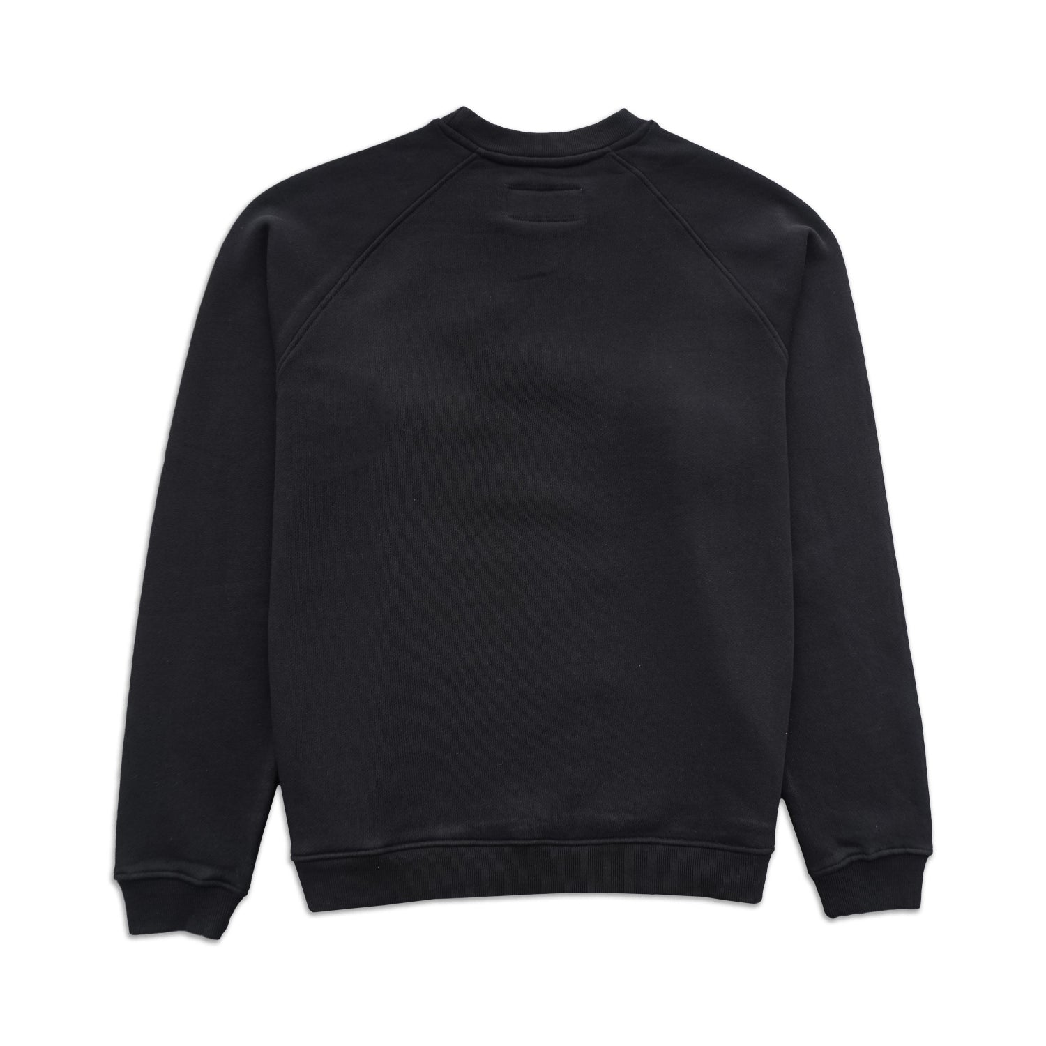 Back view of plain black crewneck sweatshirt with long sleeves and ribbed cuffs