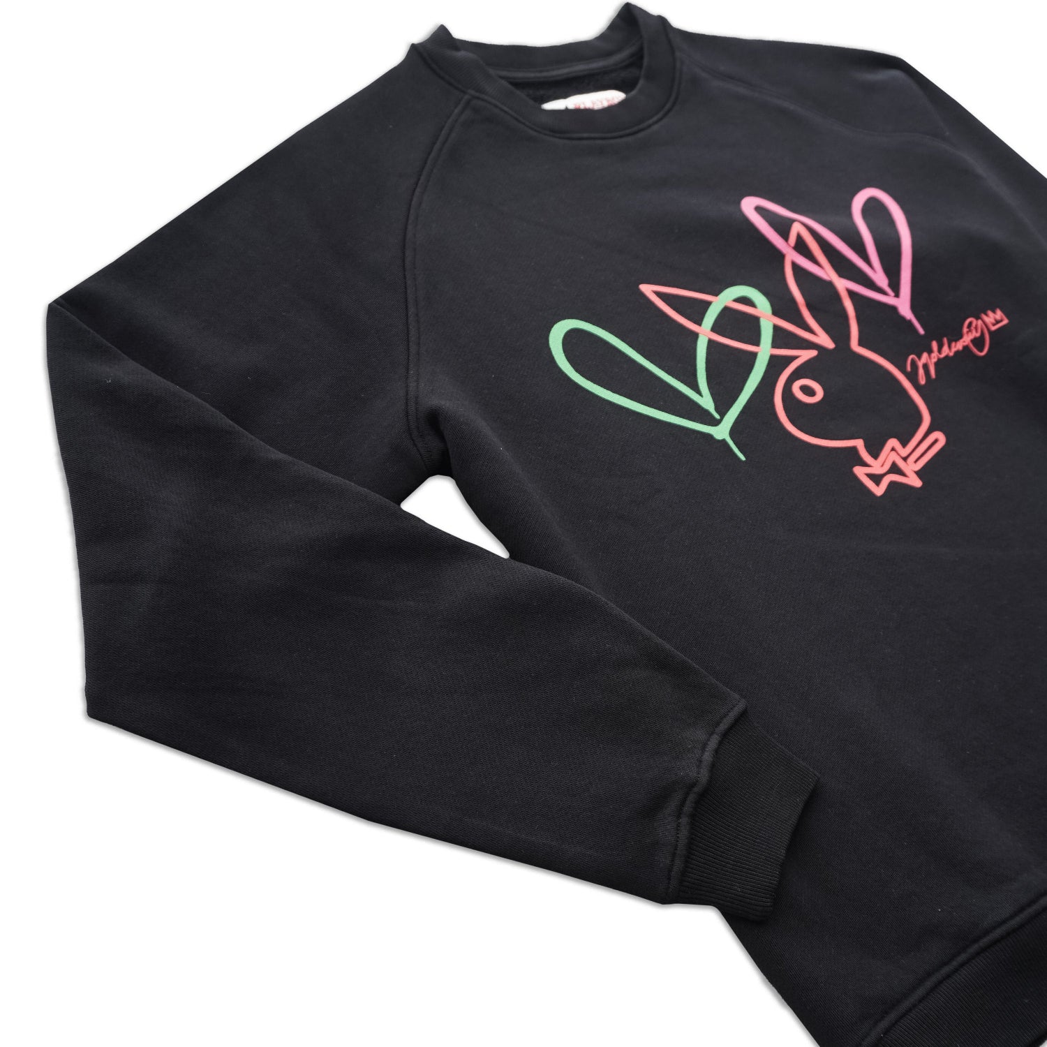 Black crewneck sweatshirt with neon heart and bunny graphic print on chest