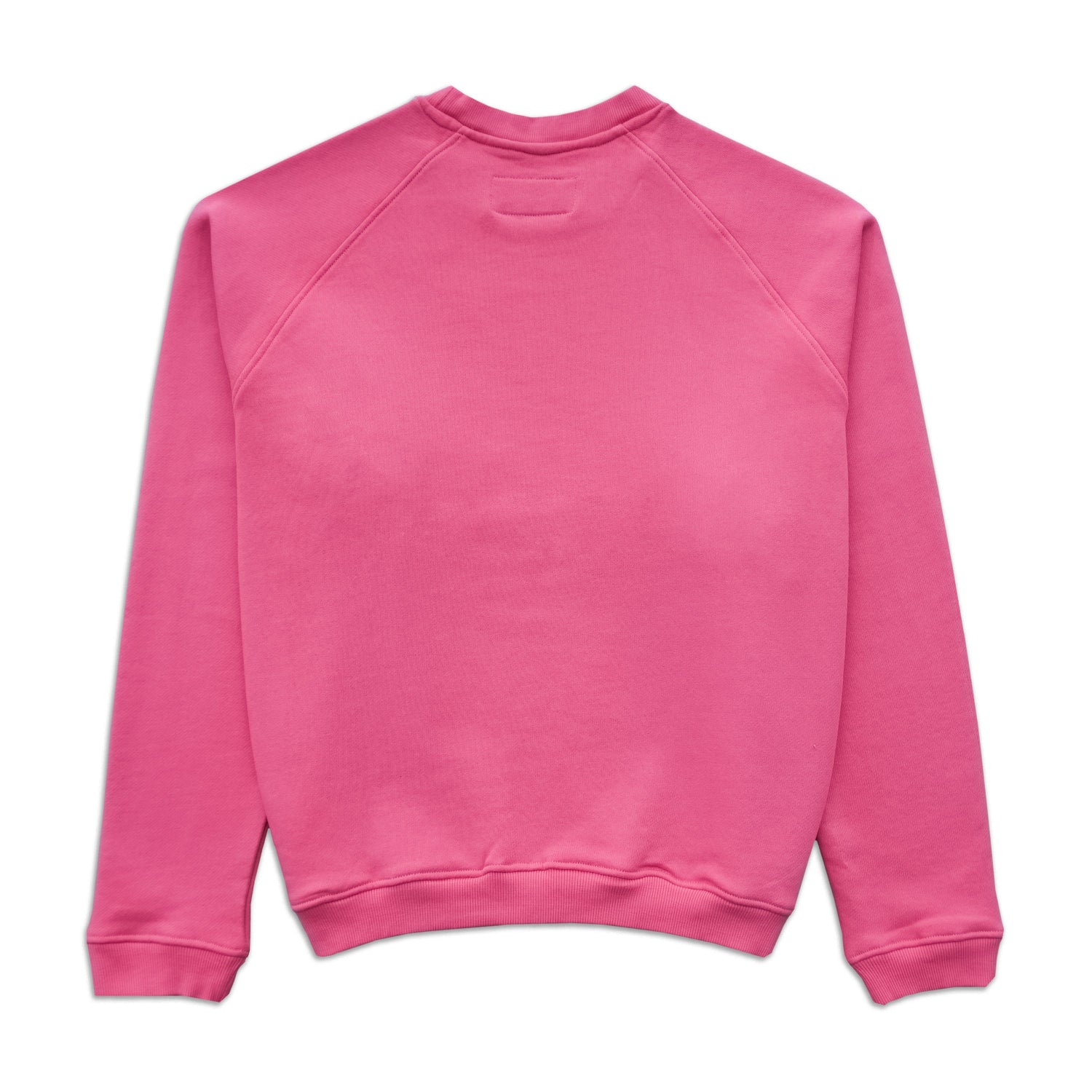 Hot pink crewneck sweatshirt with long sleeves and ribbed cuffs, back view