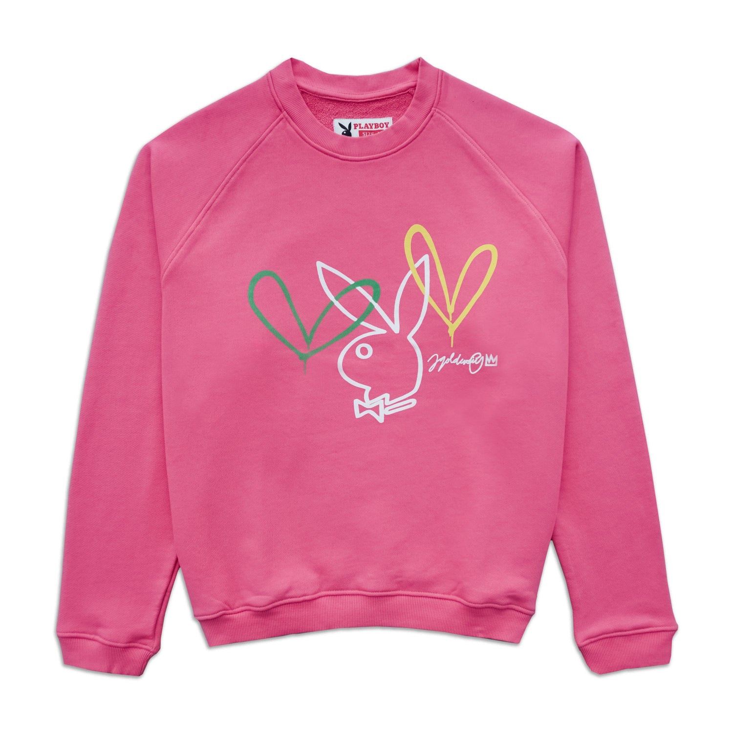 Hot pink crewneck sweatshirt with white bunny outline and colorful heart graphics on front