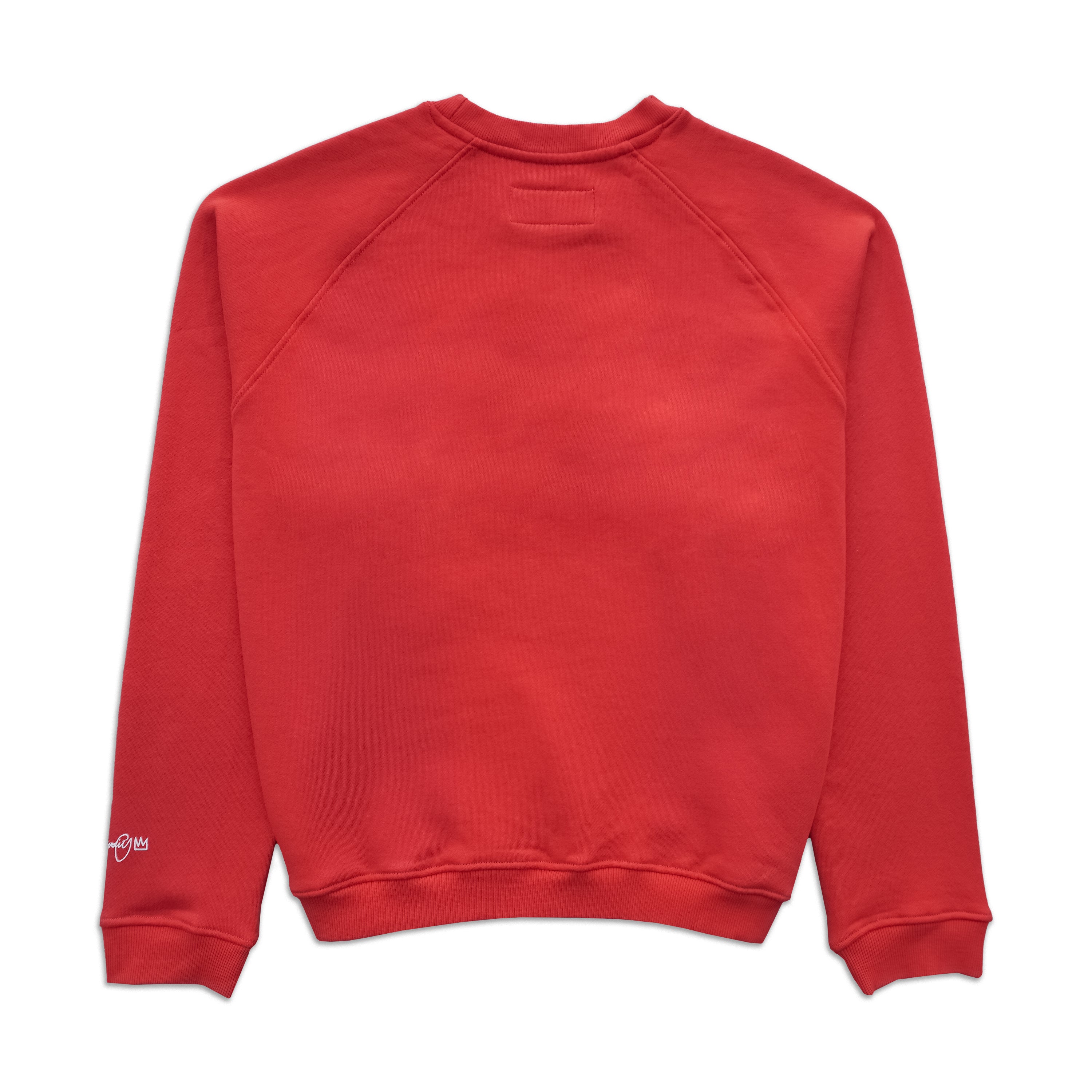 Back view of a plain red crewneck sweatshirt with long sleeves and ribbed cuffs