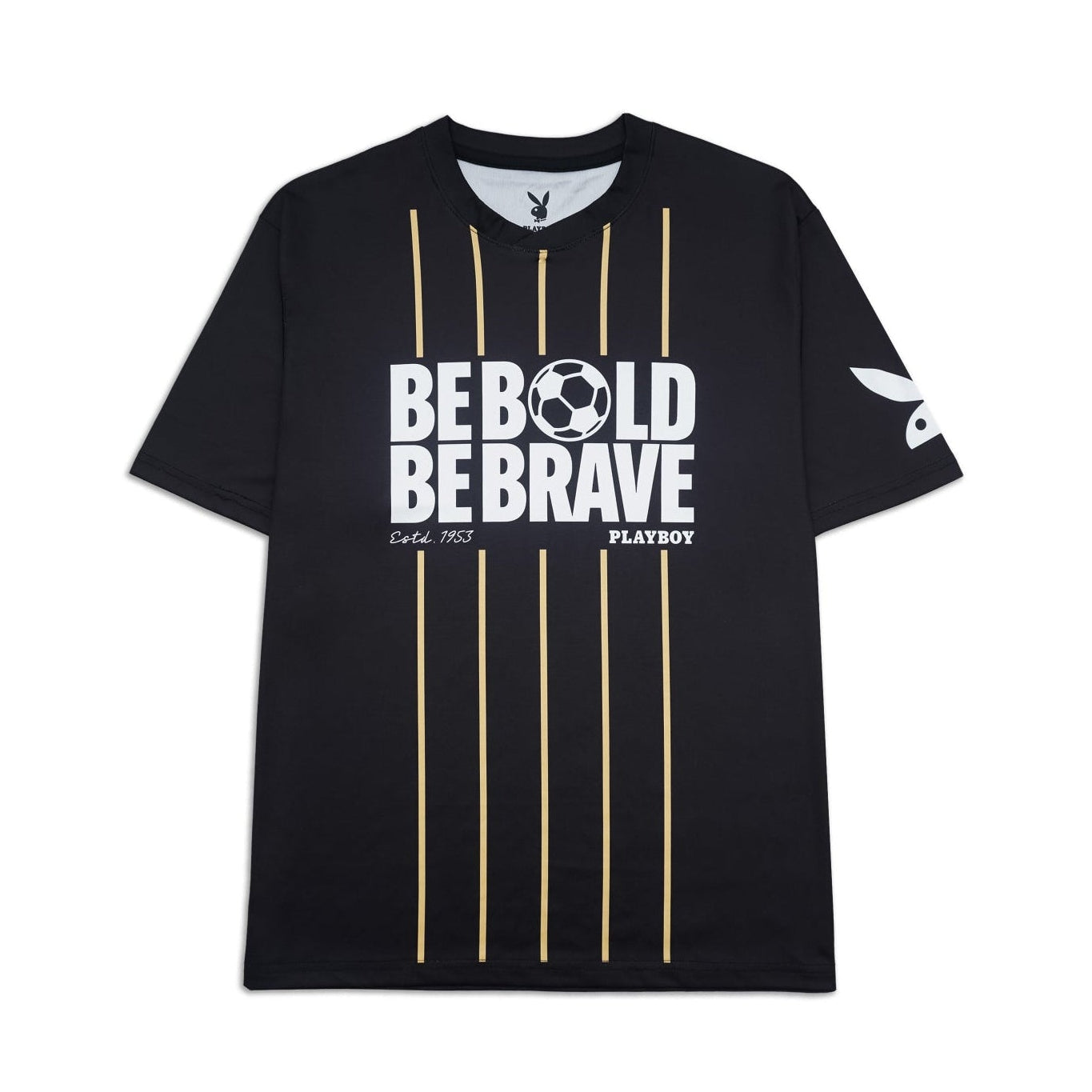 Black t-shirt with 'Be Bold Be Brave' text and gold stripes on a white background