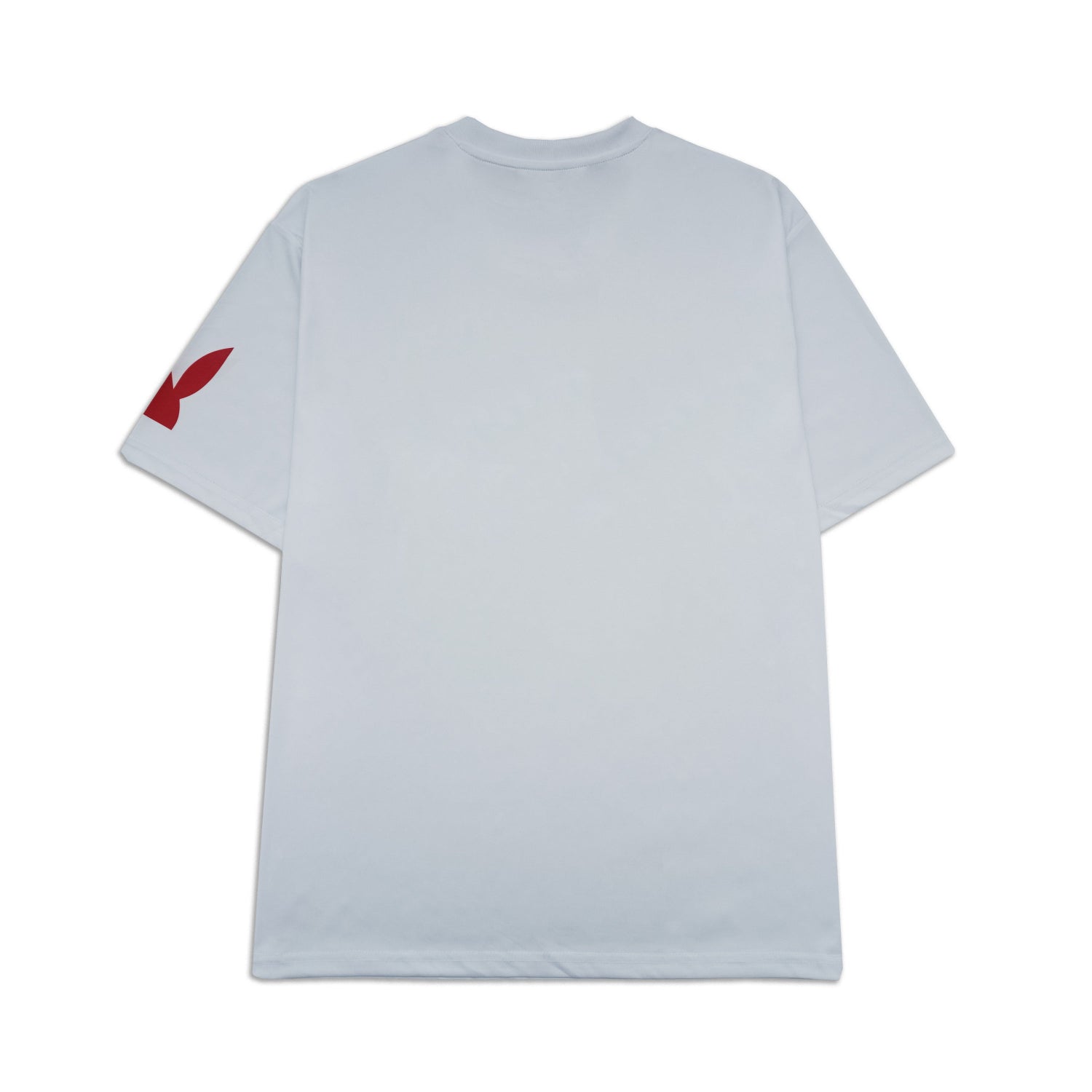 White t-shirt with a red logo on the sleeve against a white background