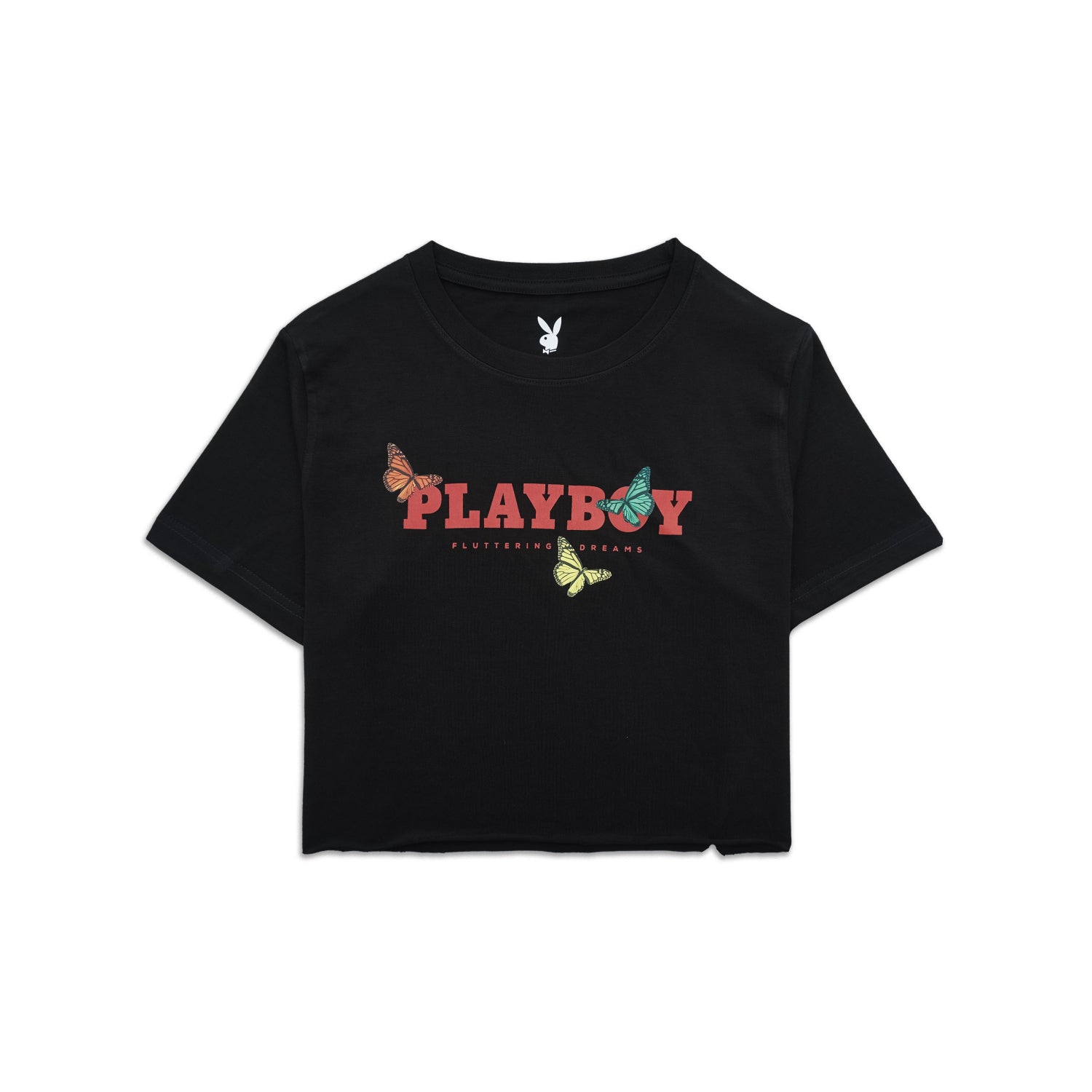 Black crop top with 'Playboy' logo and butterflies on a white background