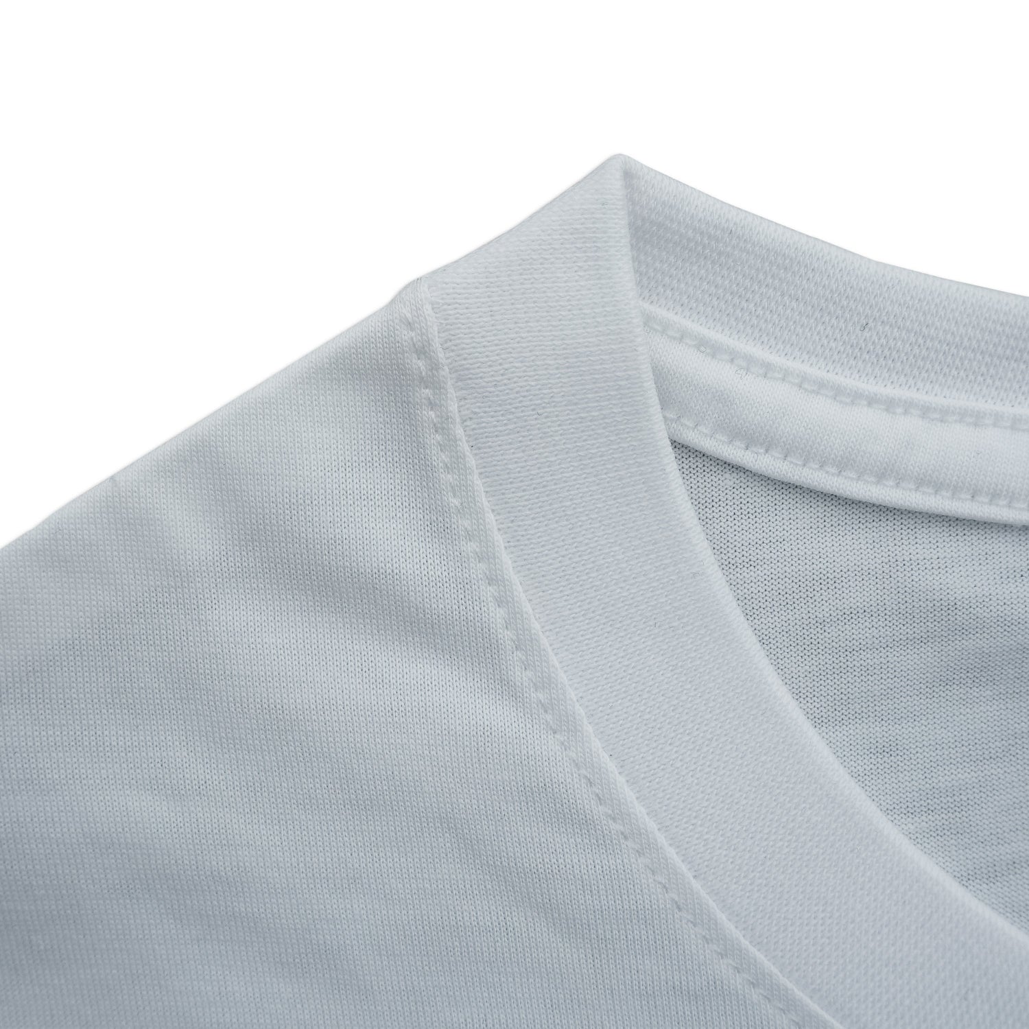 Close-up of a light gray t-shirt collar on a white background