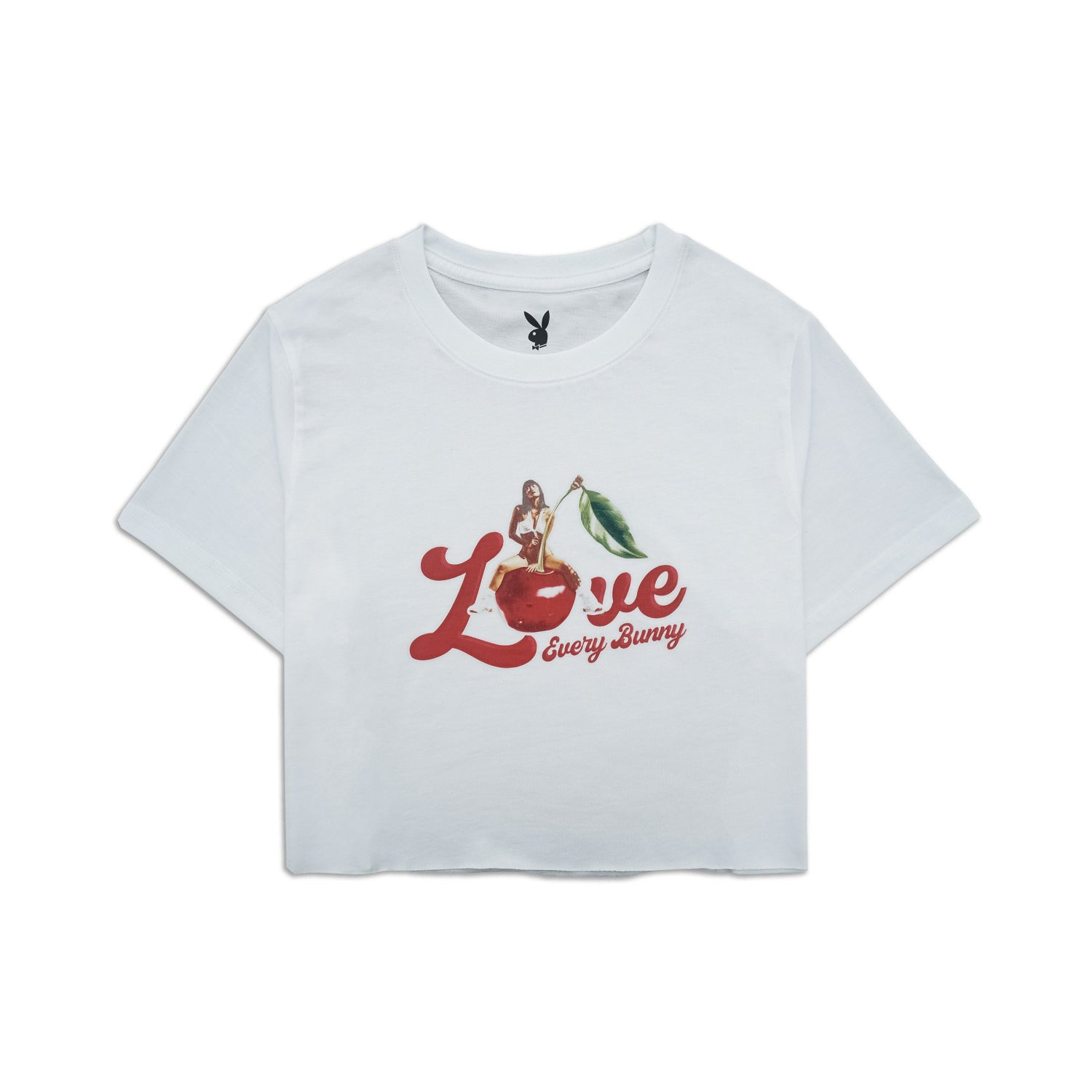 White t-shirt with red 'Love Every Bunny' graphic on a white background