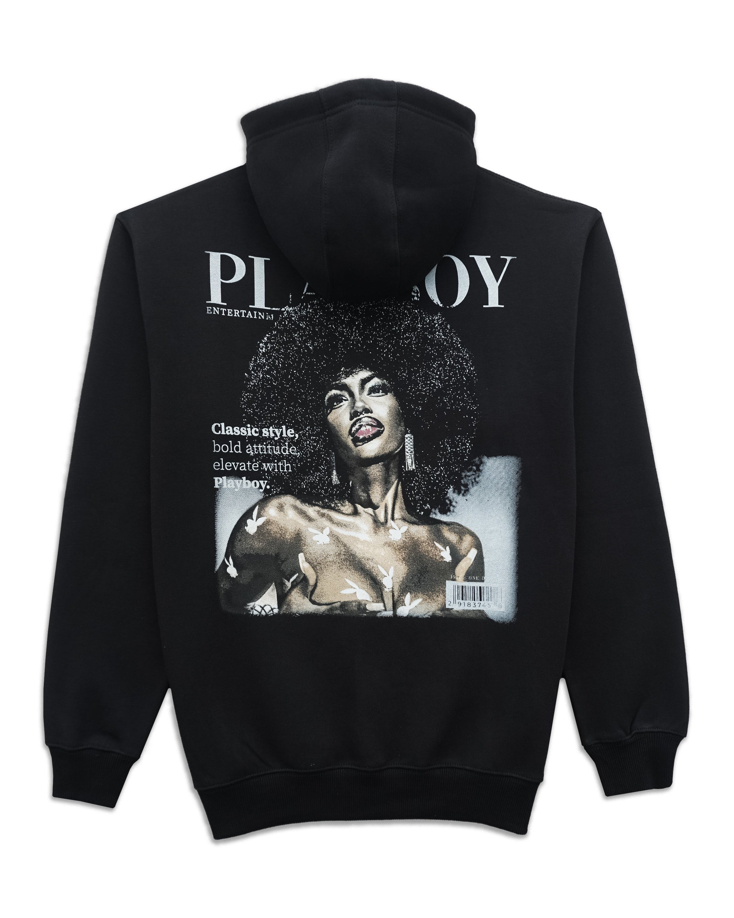 Black pullover hoodie shown from the back, featuring a large Playboy magazine cover graphic with a woman's portrait and white Playboy branding printed on the back.