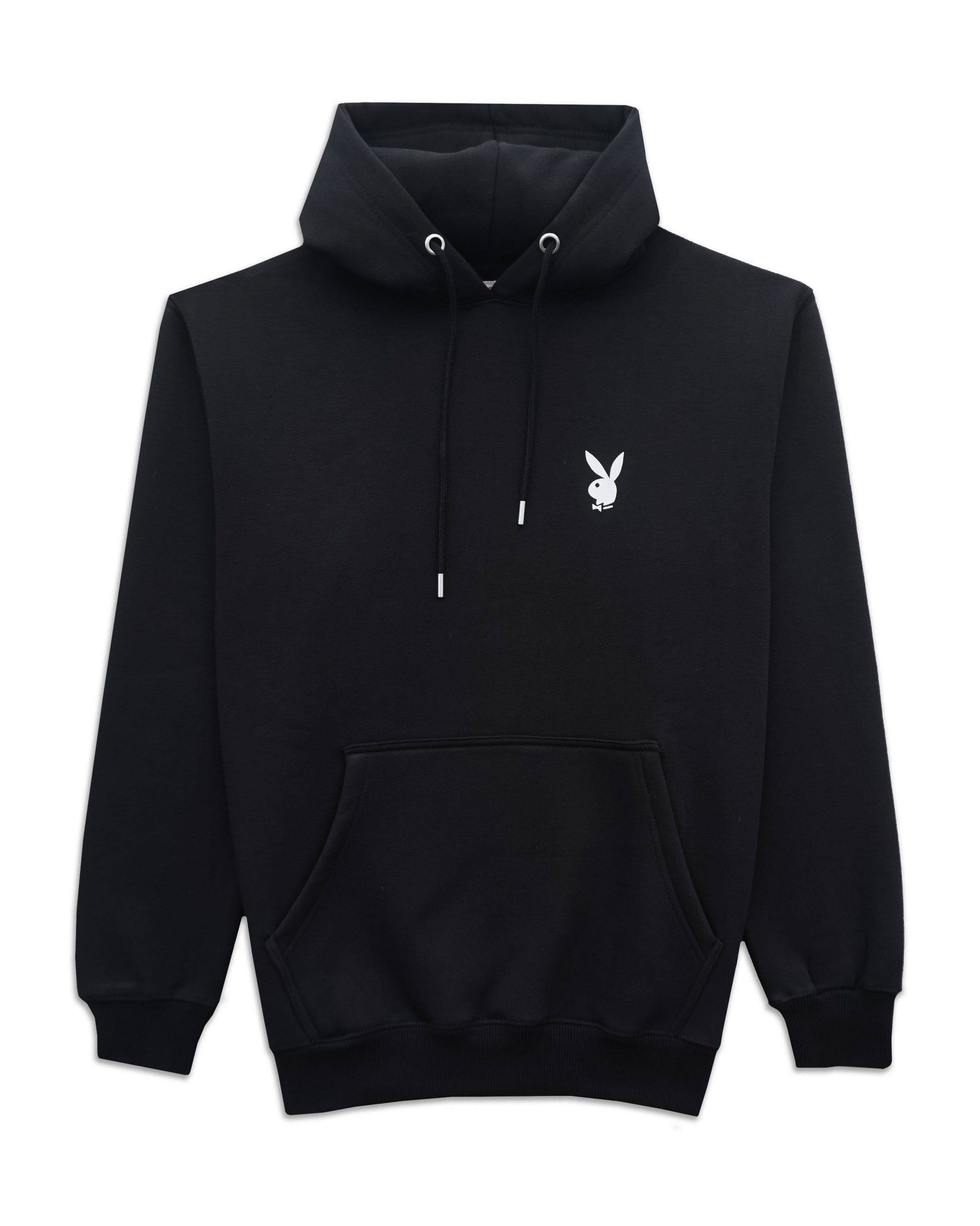 A black pullover hoodie with a small white embroidered Playboy bunny logo on the left chest, displayed against a solid white background.