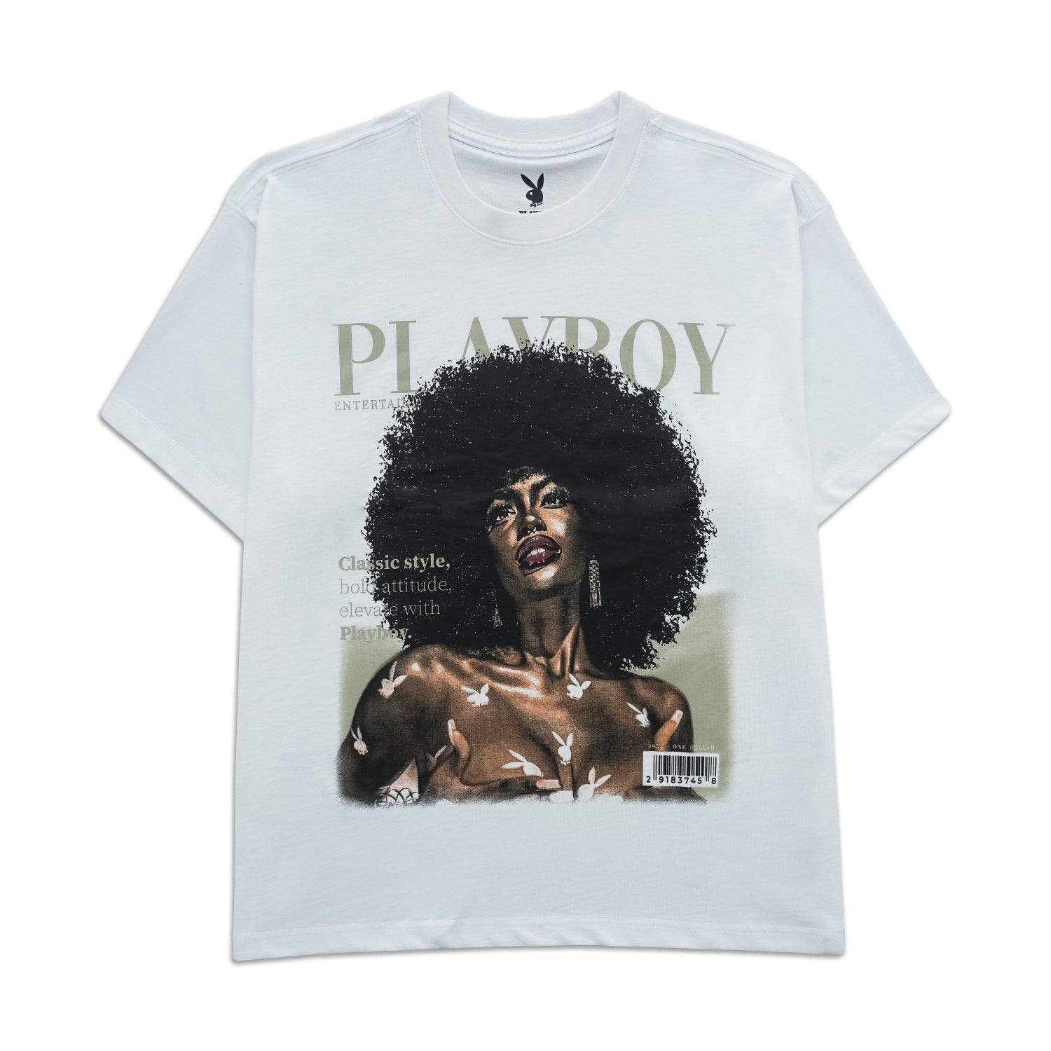A white short-sleeve graphic t-shirt featuring a vintage Playboy magazine cover print on the front with a woman's portrait and the word 'PLAYBOY' in large letters.