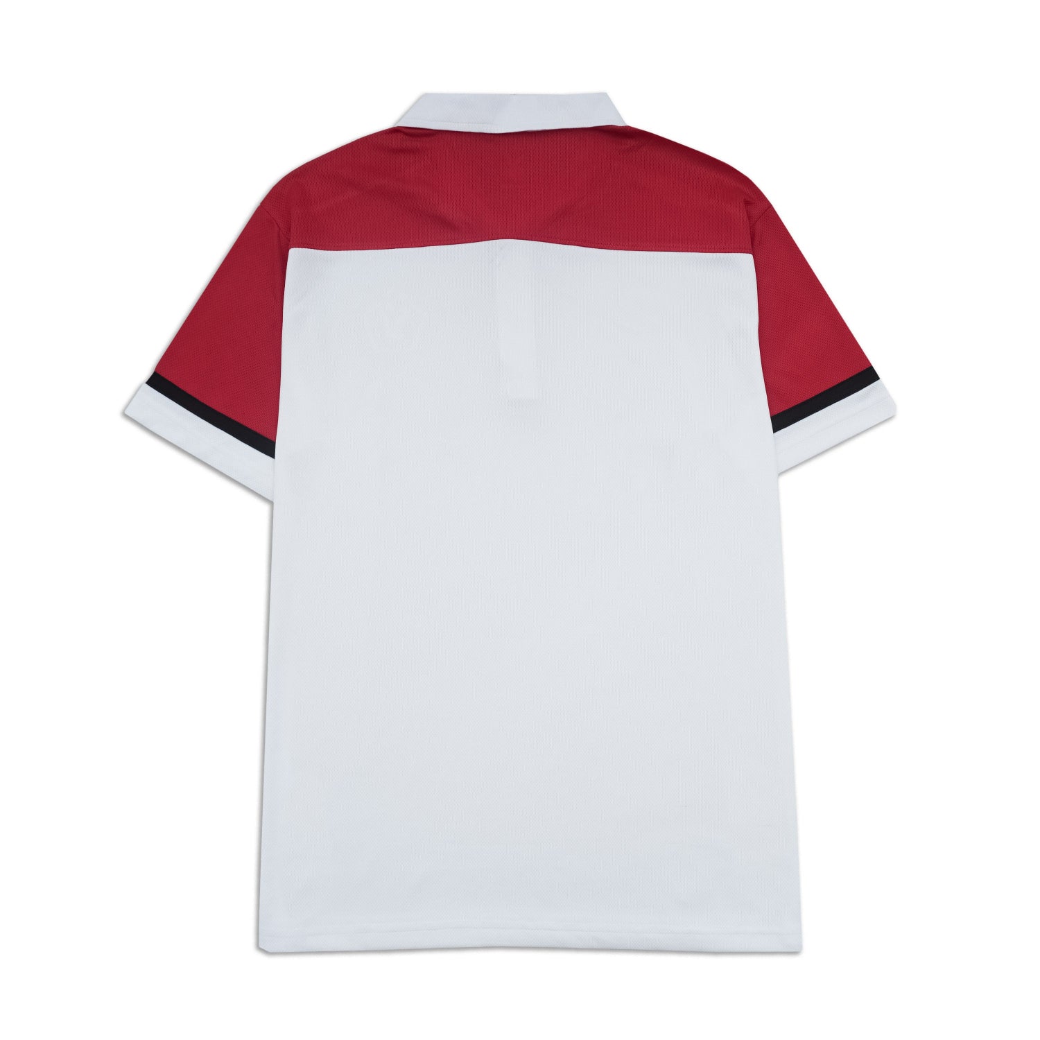 Back view of a red and white sports jersey on a white background