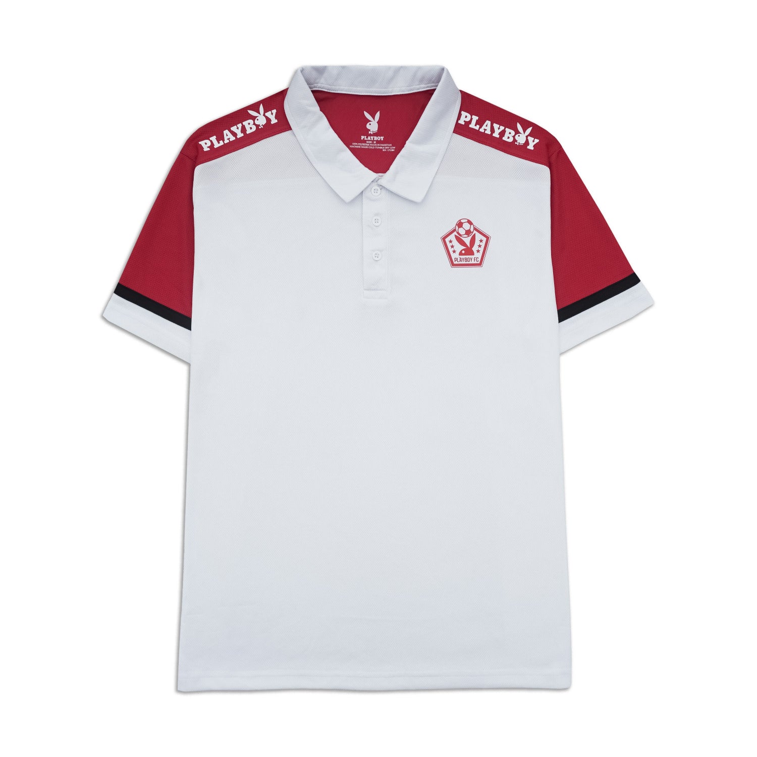 White polo shirt with red sleeves and Playboy logo on a white background