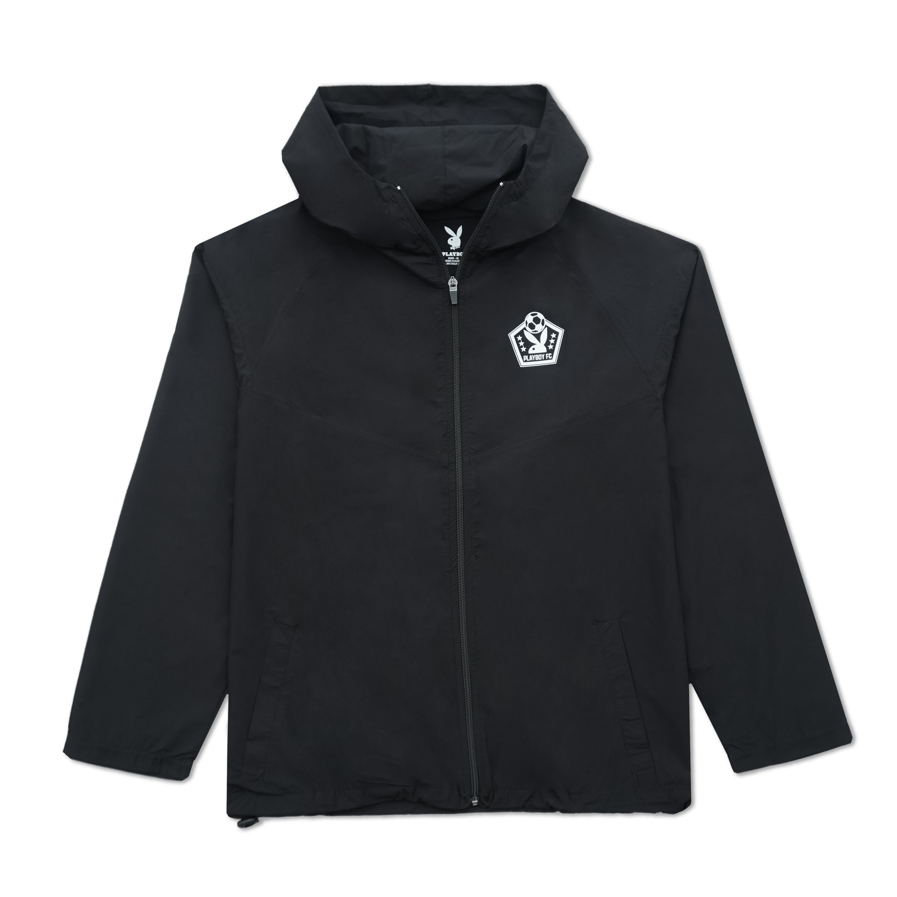 A black hooded zip-up jacket with a white embroidered crest logo on the left chest, displayed against a solid white background.