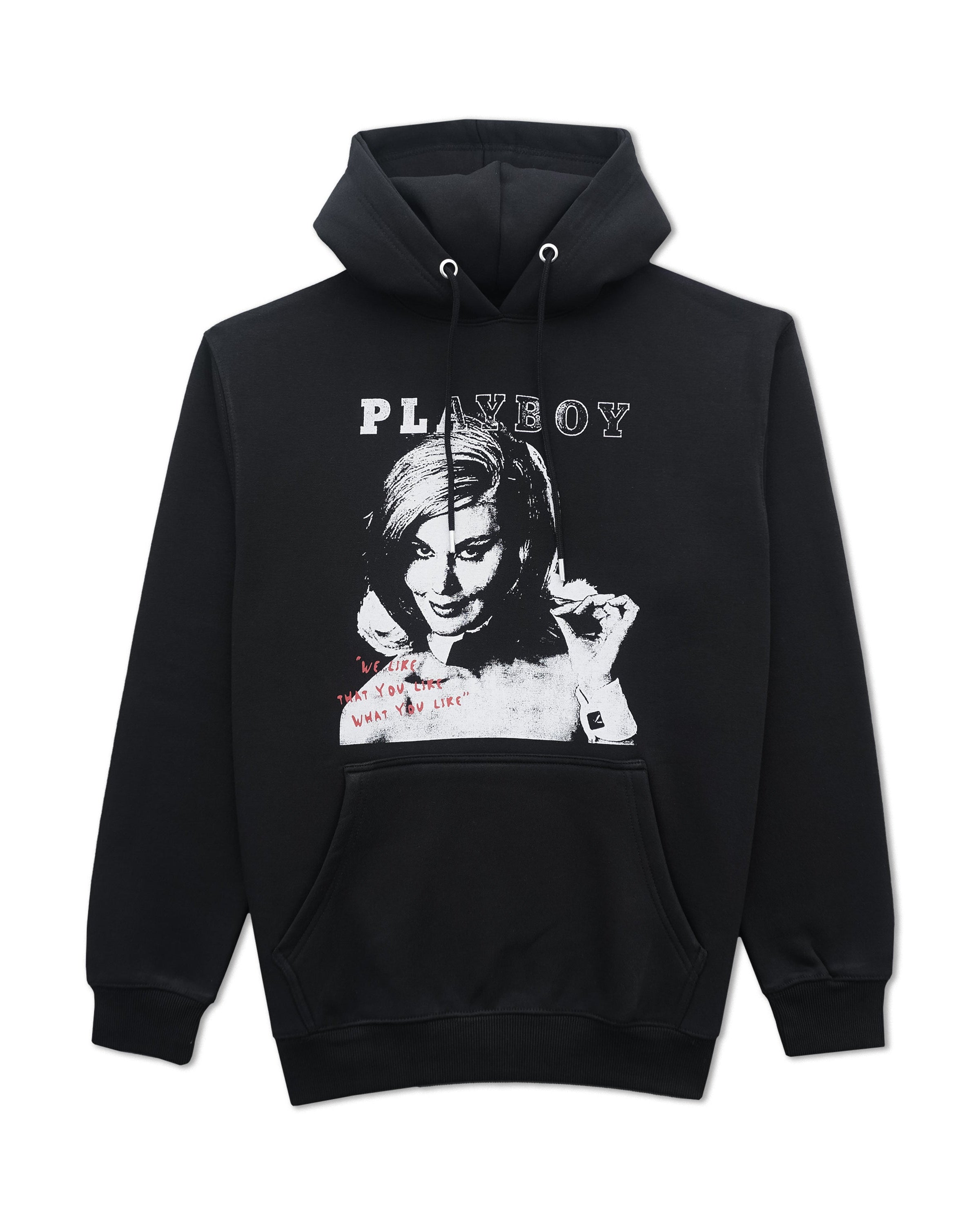 A black pullover hoodie featuring a white and red graphic print of a woman's portrait with the word 'PLAYBOY' above it, shown on a plain white background.