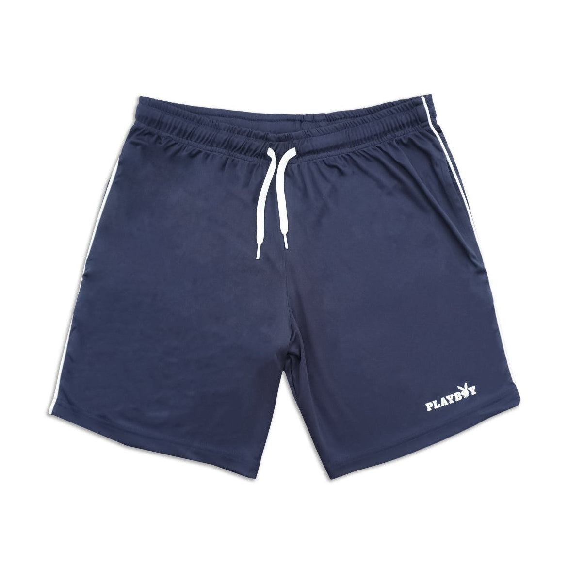 Navy shorts with a white drawstring and logo on a white background