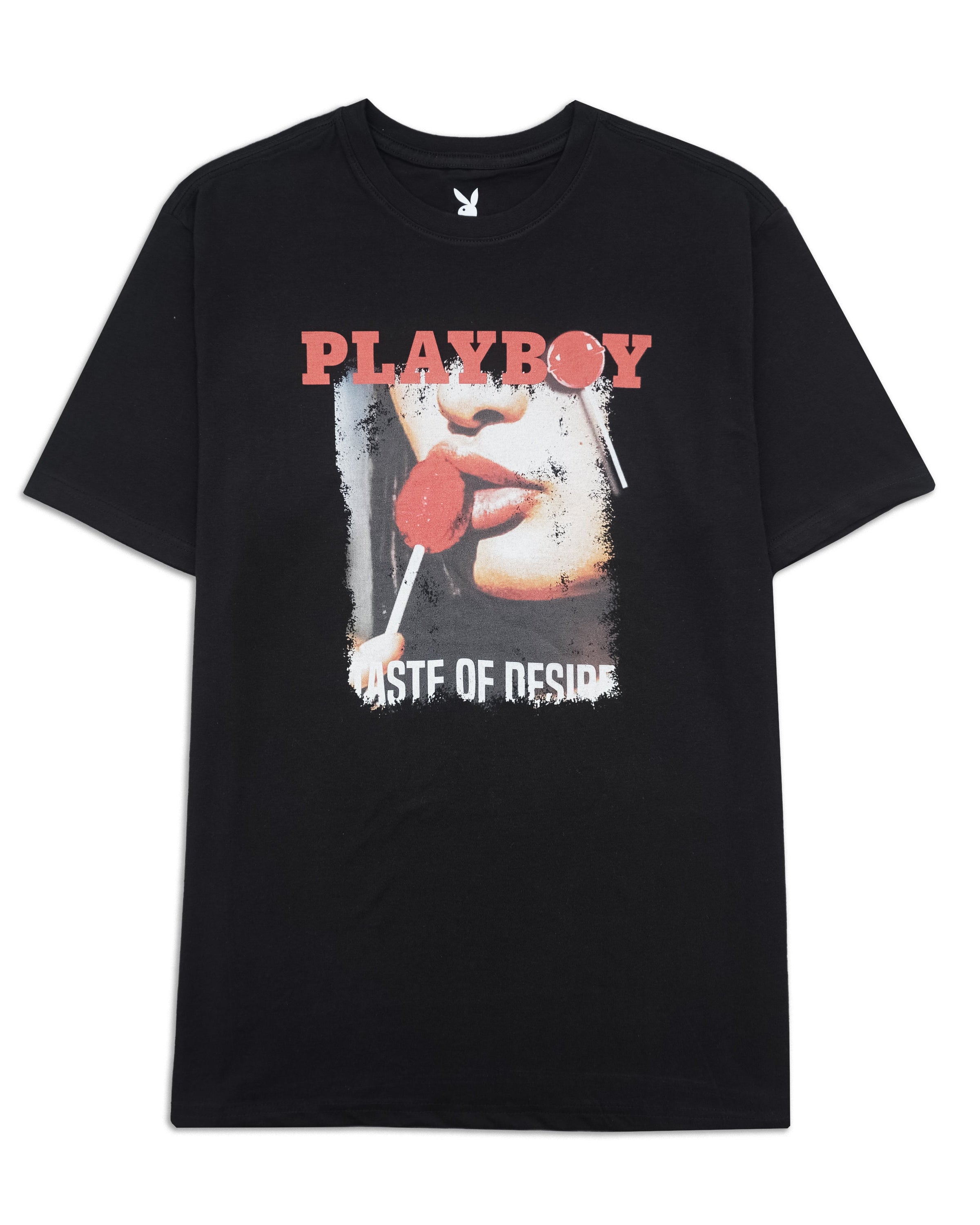 A black short-sleeve graphic t-shirt featuring the 'Playboy Tast of Desire' design on the front, with a red lollipop and white Playboy bunny logo, shown against a plain white background.