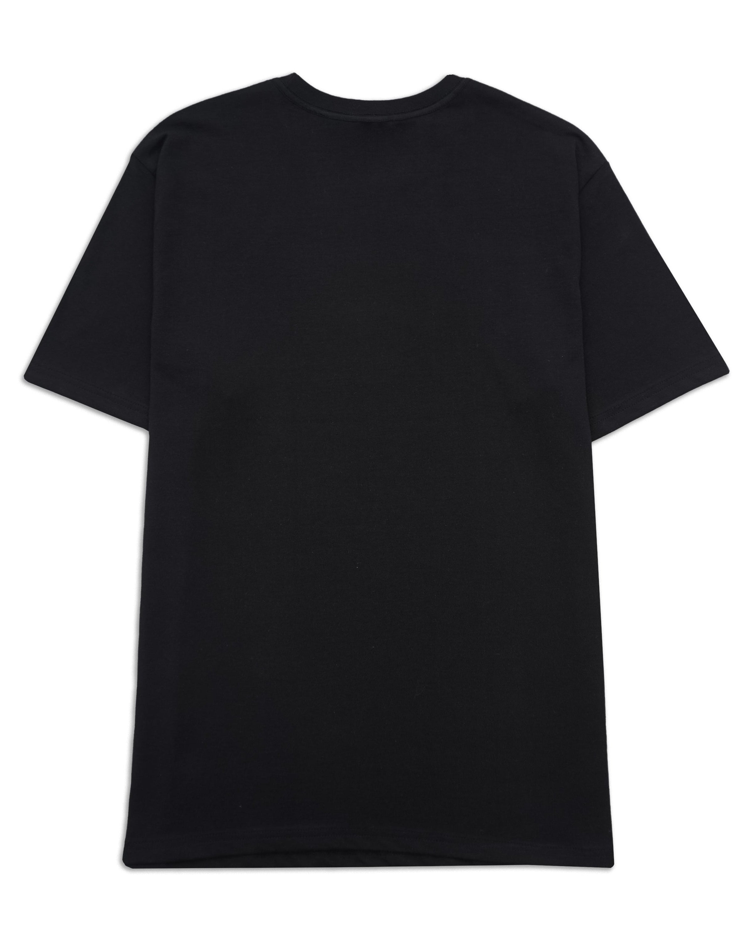 A plain black short-sleeve crewneck t-shirt shown from the back, laid flat against a solid white background.