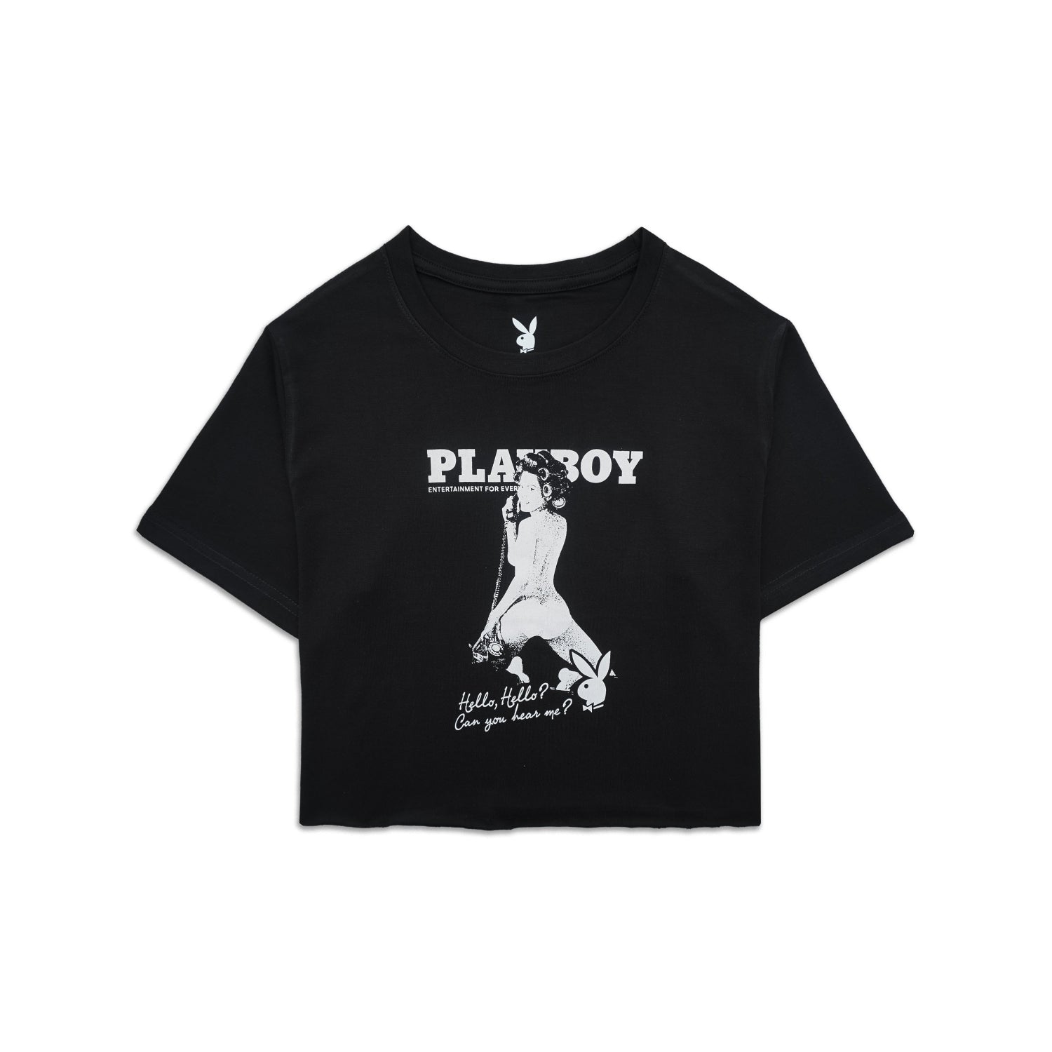 Black crop top with Playboy graphic on a white background