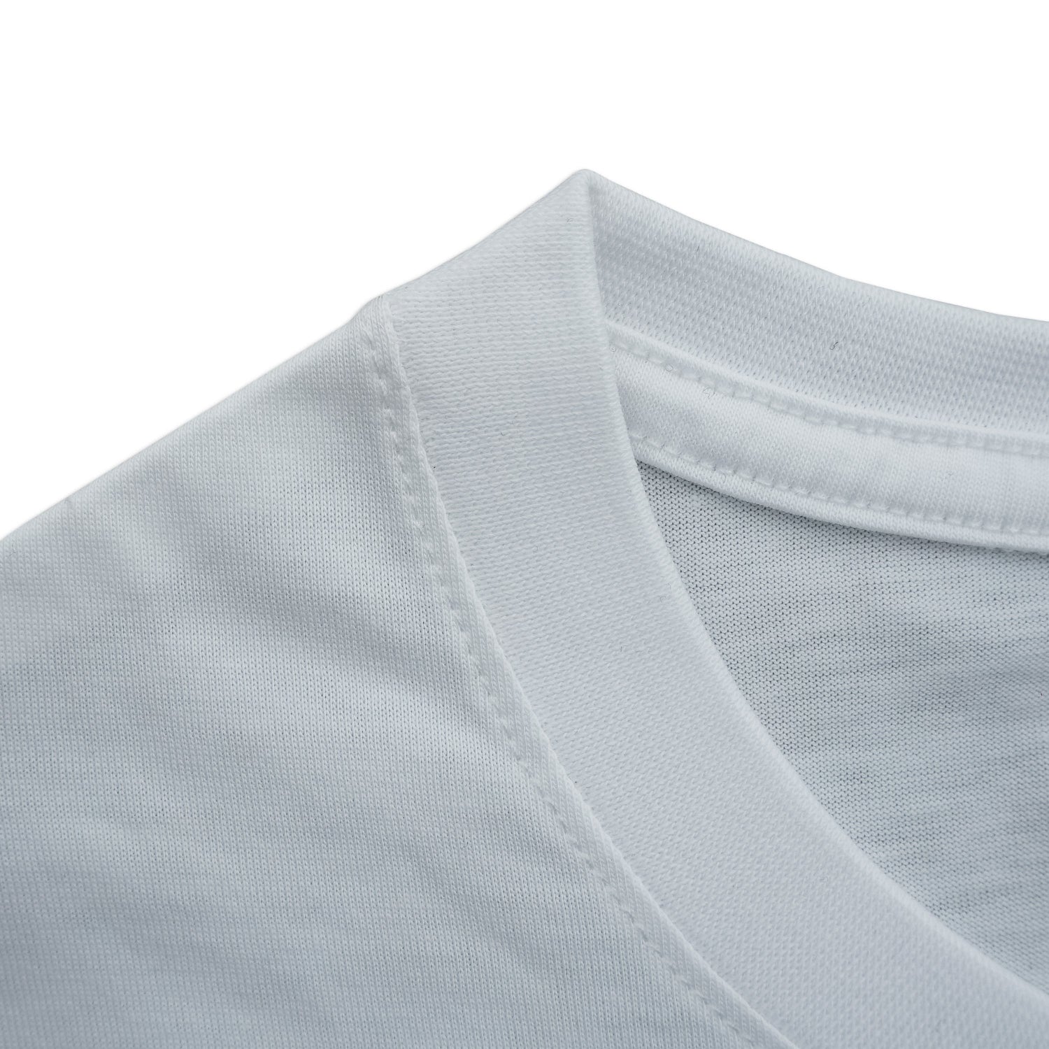 Close-up of a light blue t-shirt collar on a white background