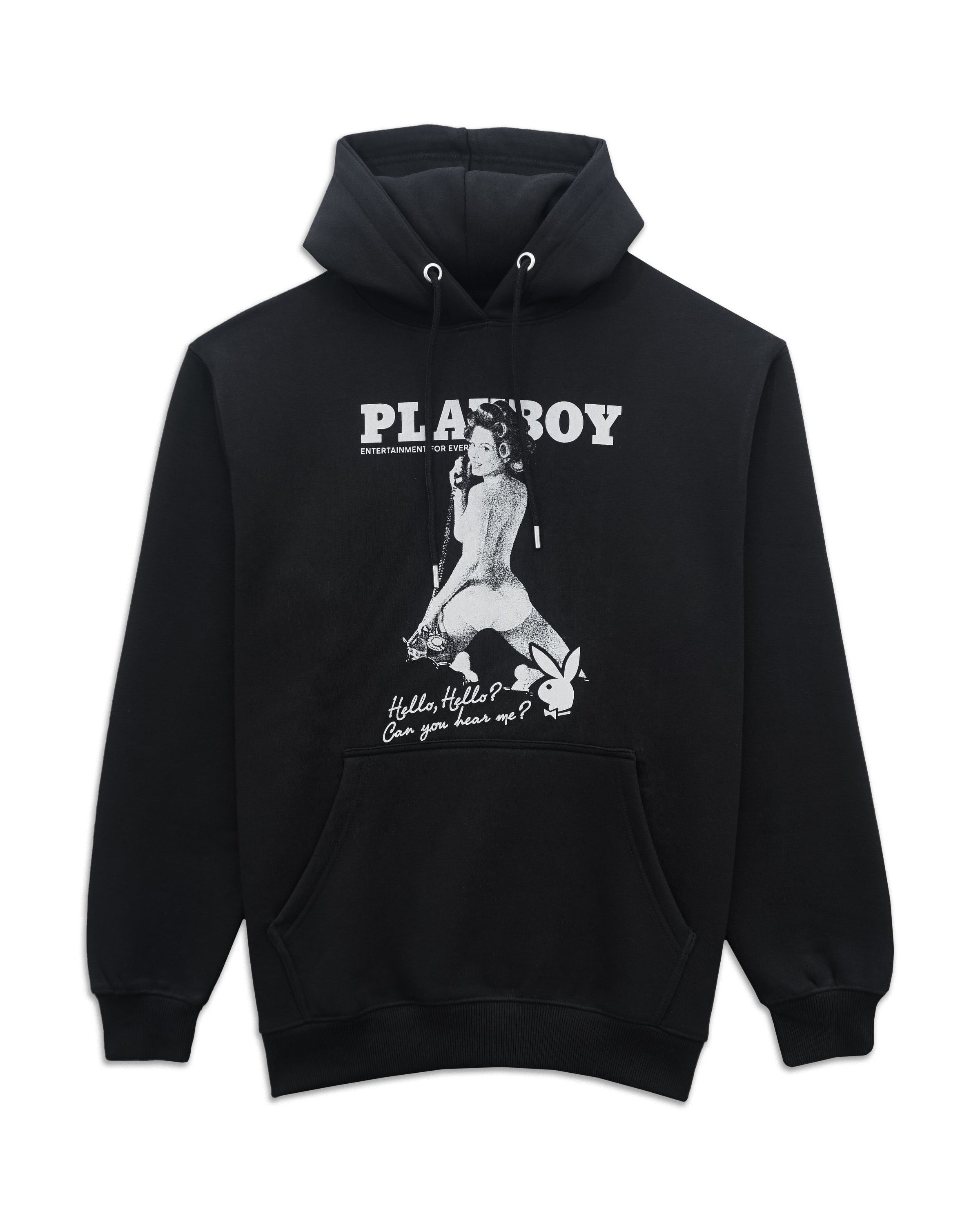 A black pullover hoodie featuring a white vintage-style graphic print of a Playboy bunny and the text 'PLAYBOY' and 'Hello Hello Can you hear me?' on the front, shown against a plain white background.