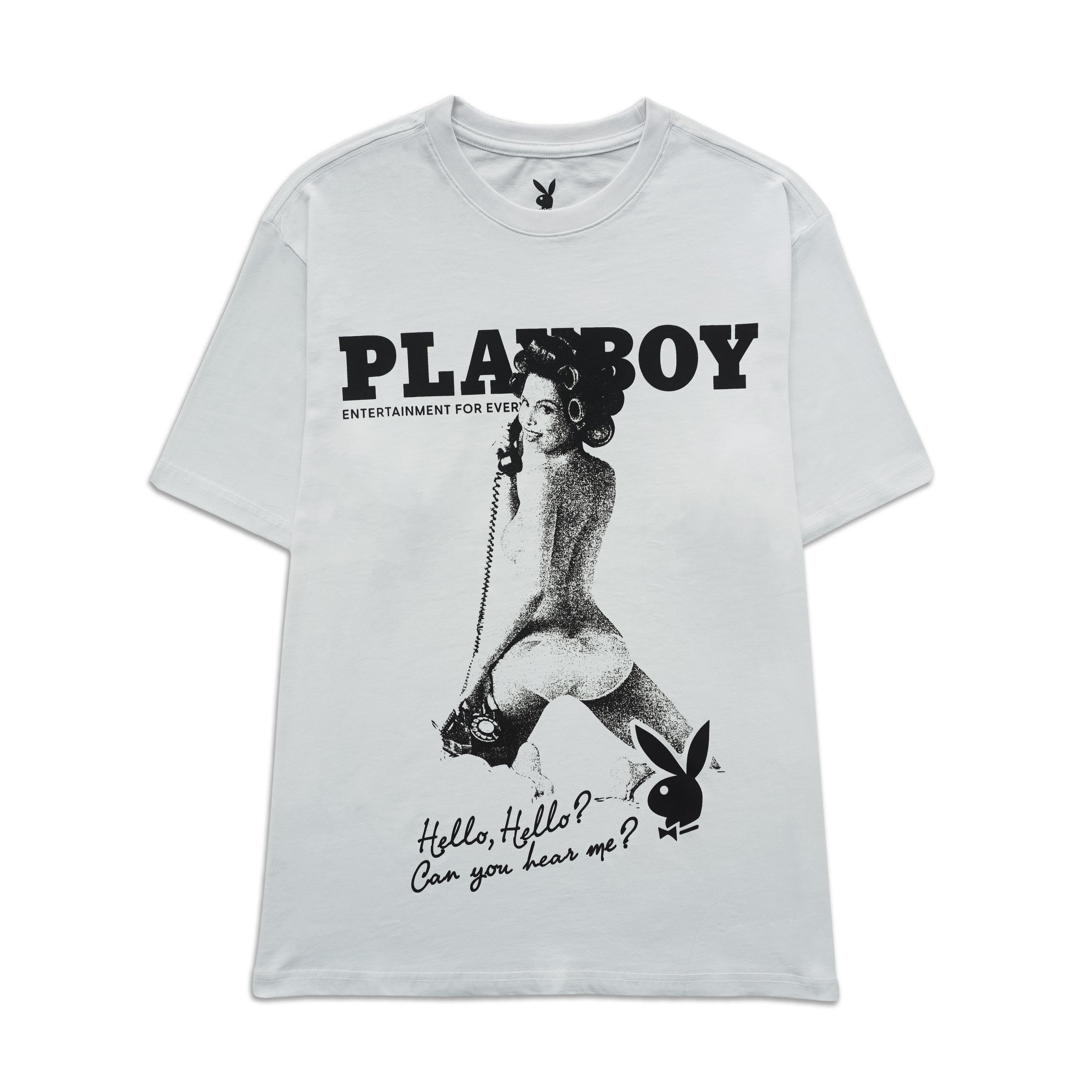A white short-sleeve t-shirt featuring a black graphic print of the Playboy logo, a pin-up illustration, and the text 'Hello, Hello.
