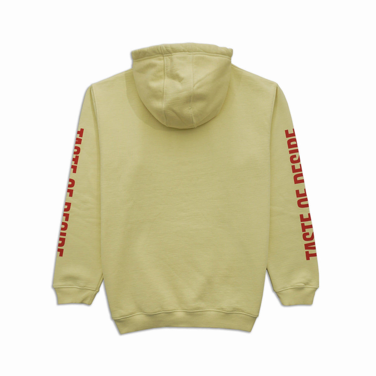 A light yellow-green hoodie shown from the back, featuring red vertical text printed down both sleeves.